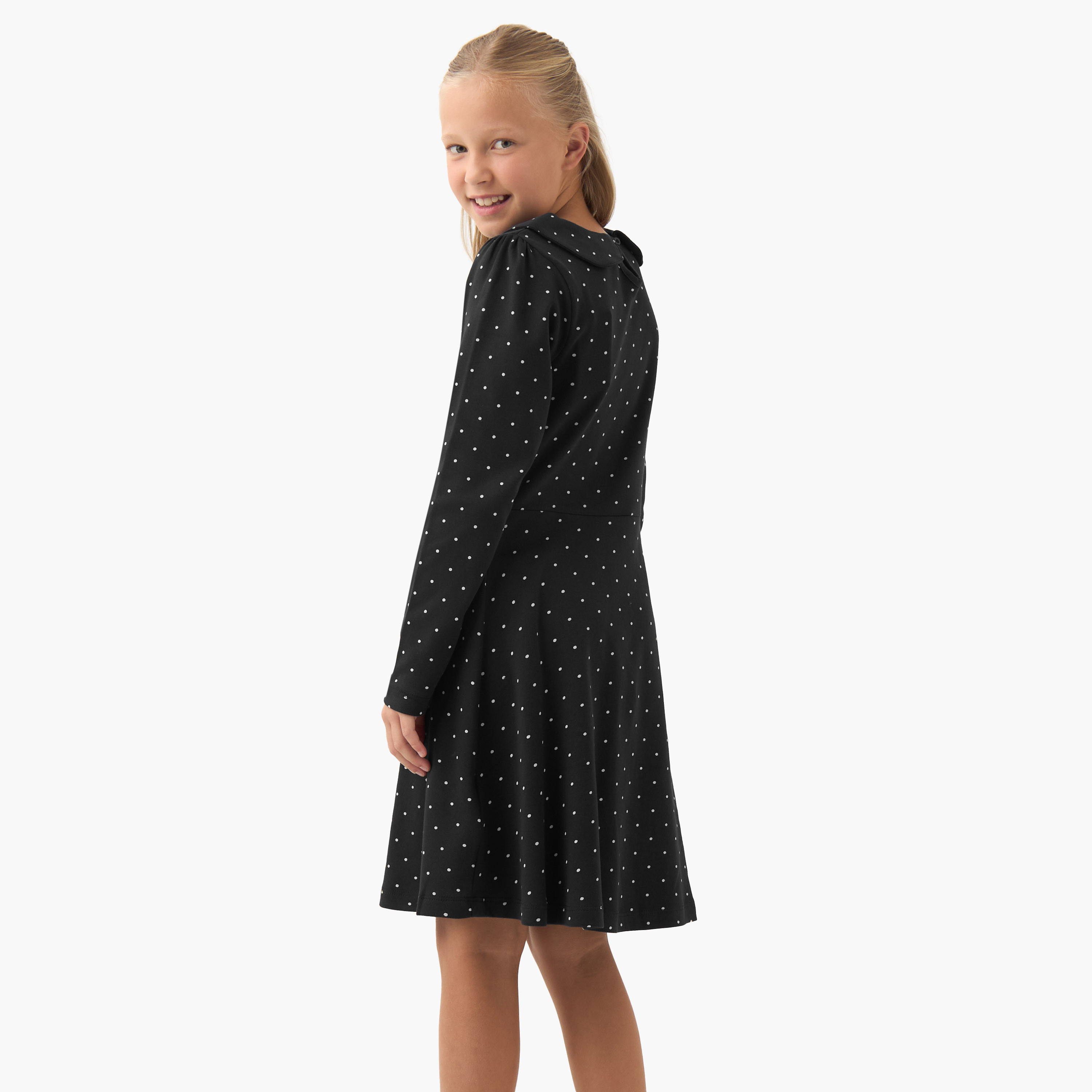 Juniors Peter Pan Collar Long Sleeves Knee Length Dress with Polka Dot Print-girls-clothing-dressesandjumpsuits-image-3
