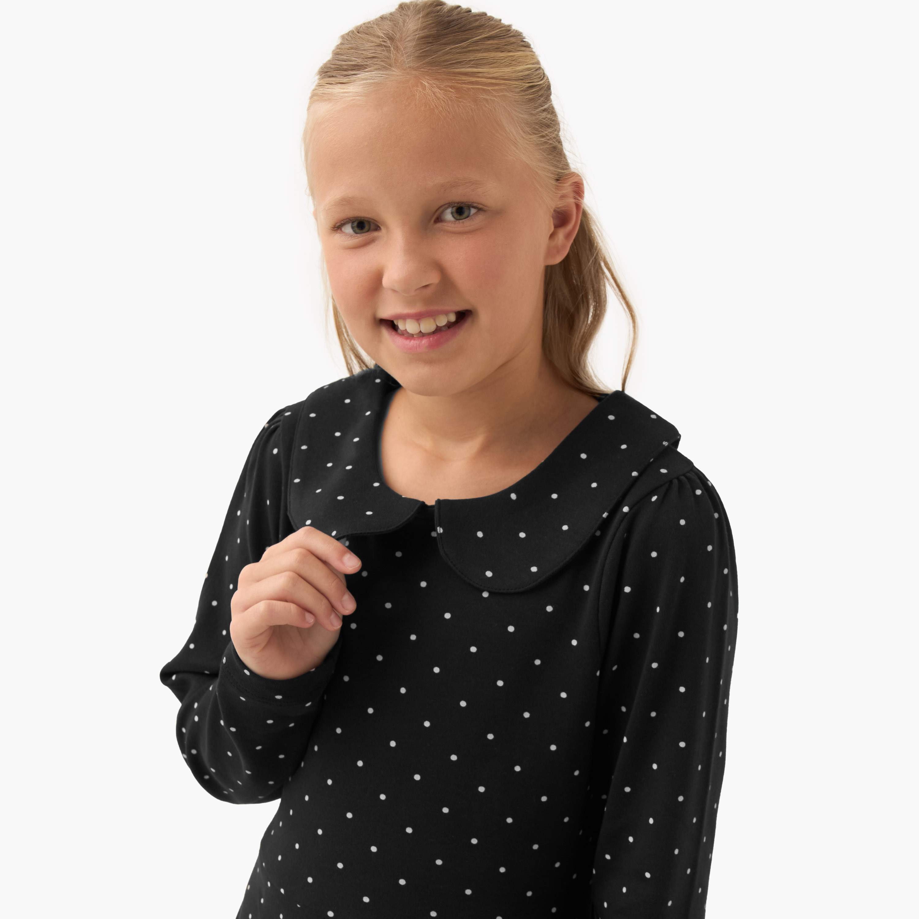 Juniors Peter Pan Collar Long Sleeves Knee Length Dress with Polka Dot Print-girls-clothing-dressesandjumpsuits-image-4