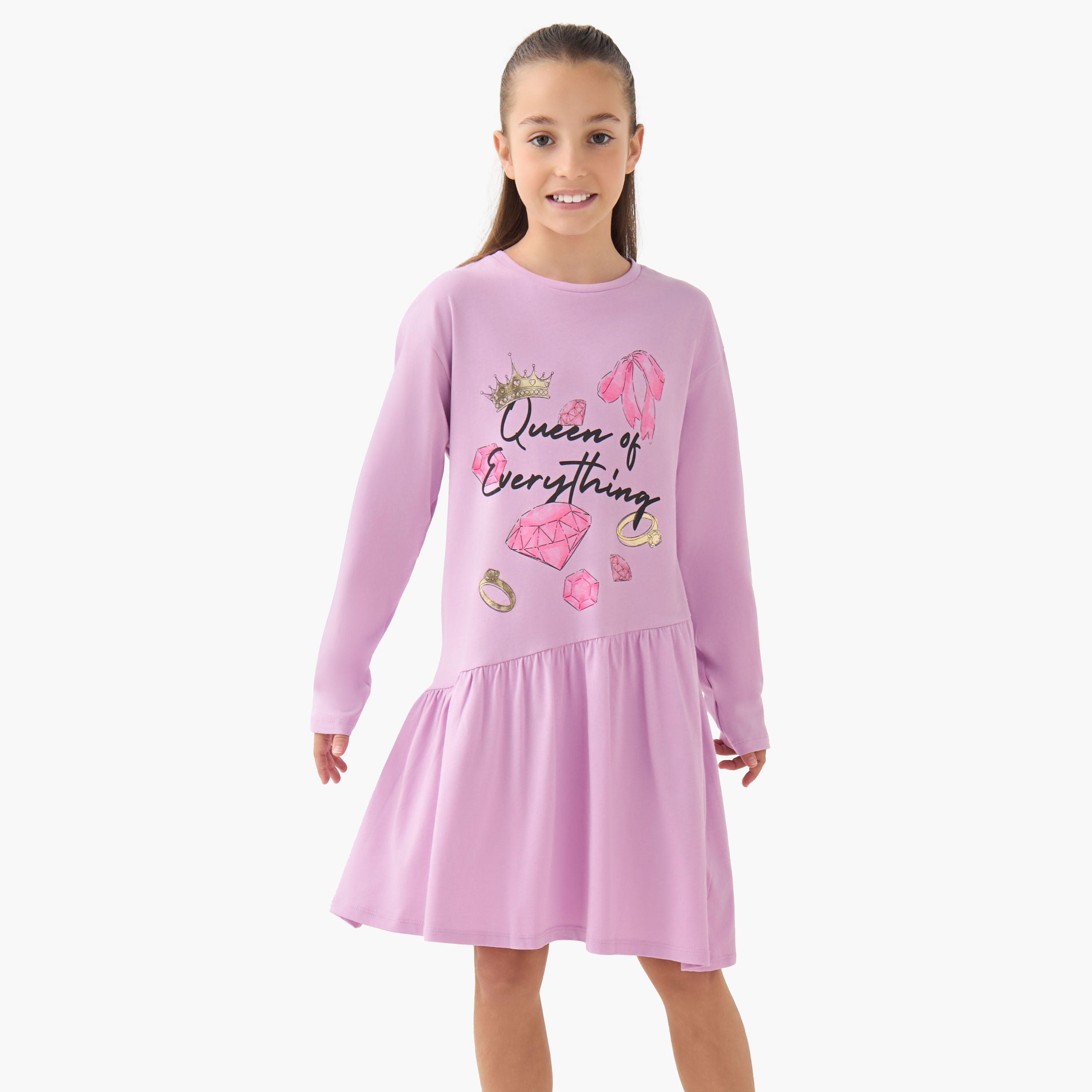 Juniors Round Neck Long Sleeves A-line Dress with Graphic Print-girls-clothing-dressesandjumpsuits-image-1