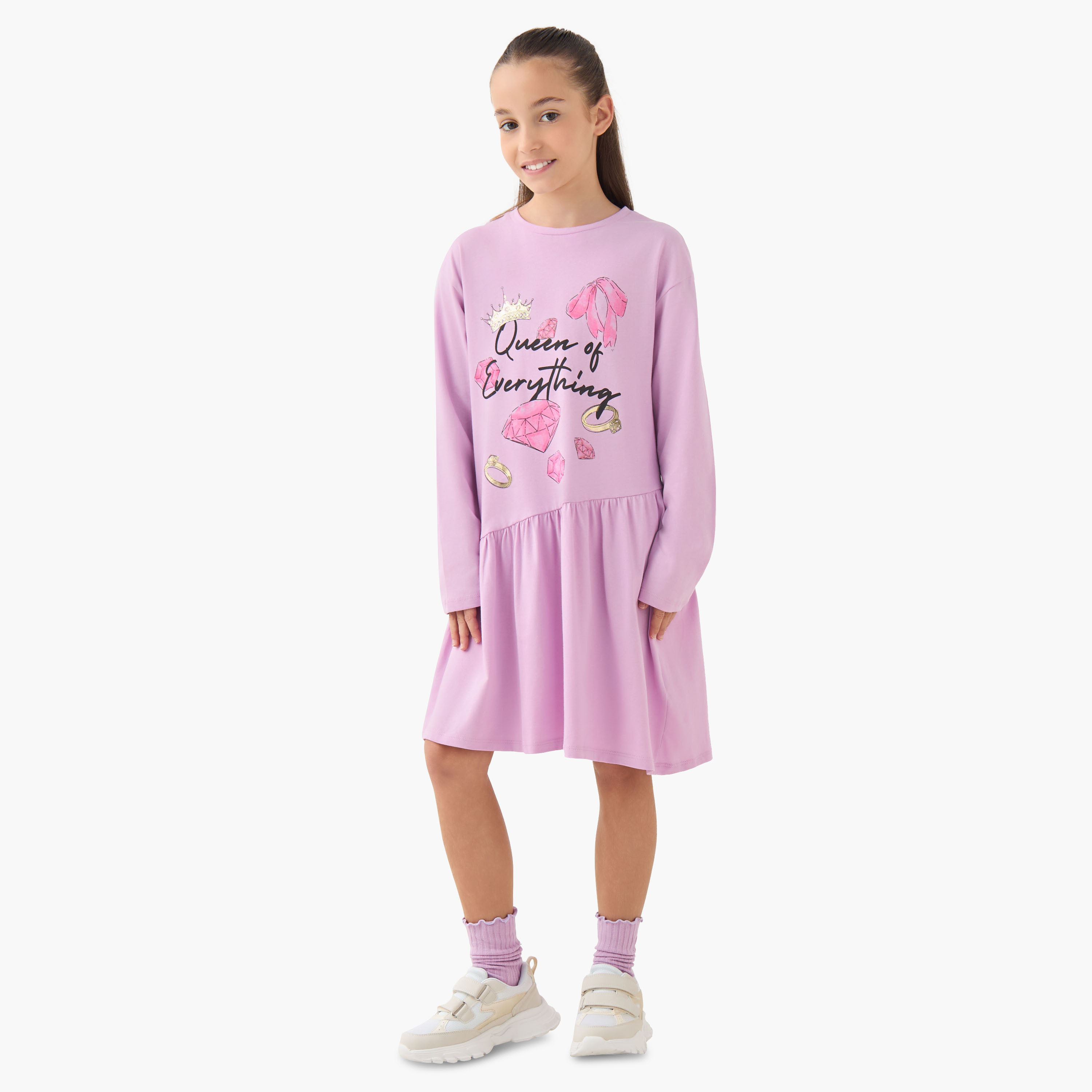 Juniors Round Neck Long Sleeves A-line Dress with Graphic Print-girls-clothing-dressesandjumpsuits-image-2