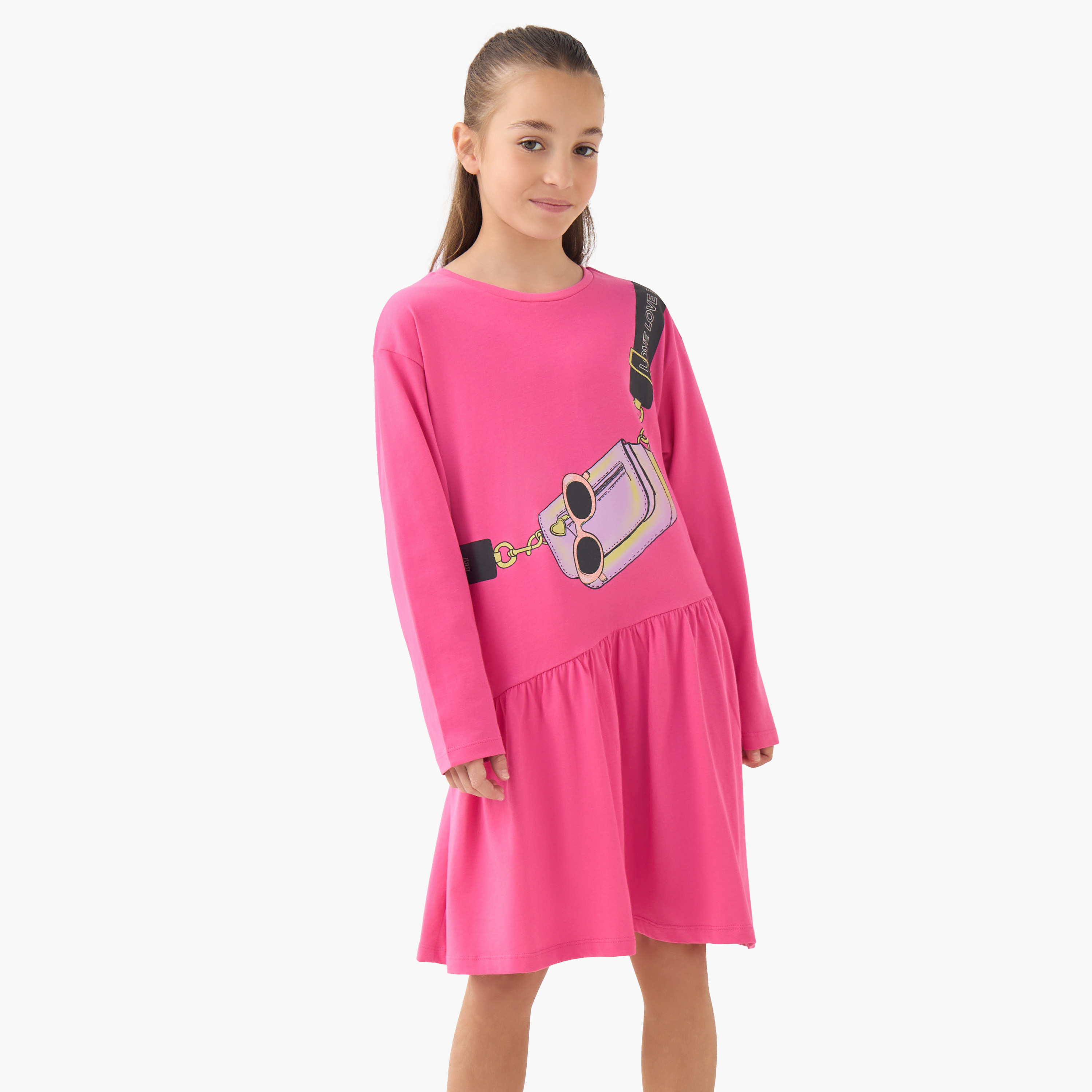 Juniors Round Neck Long Sleeves A-line Dress with Graphic Print-girls-clothing-dressesandjumpsuits-image-1