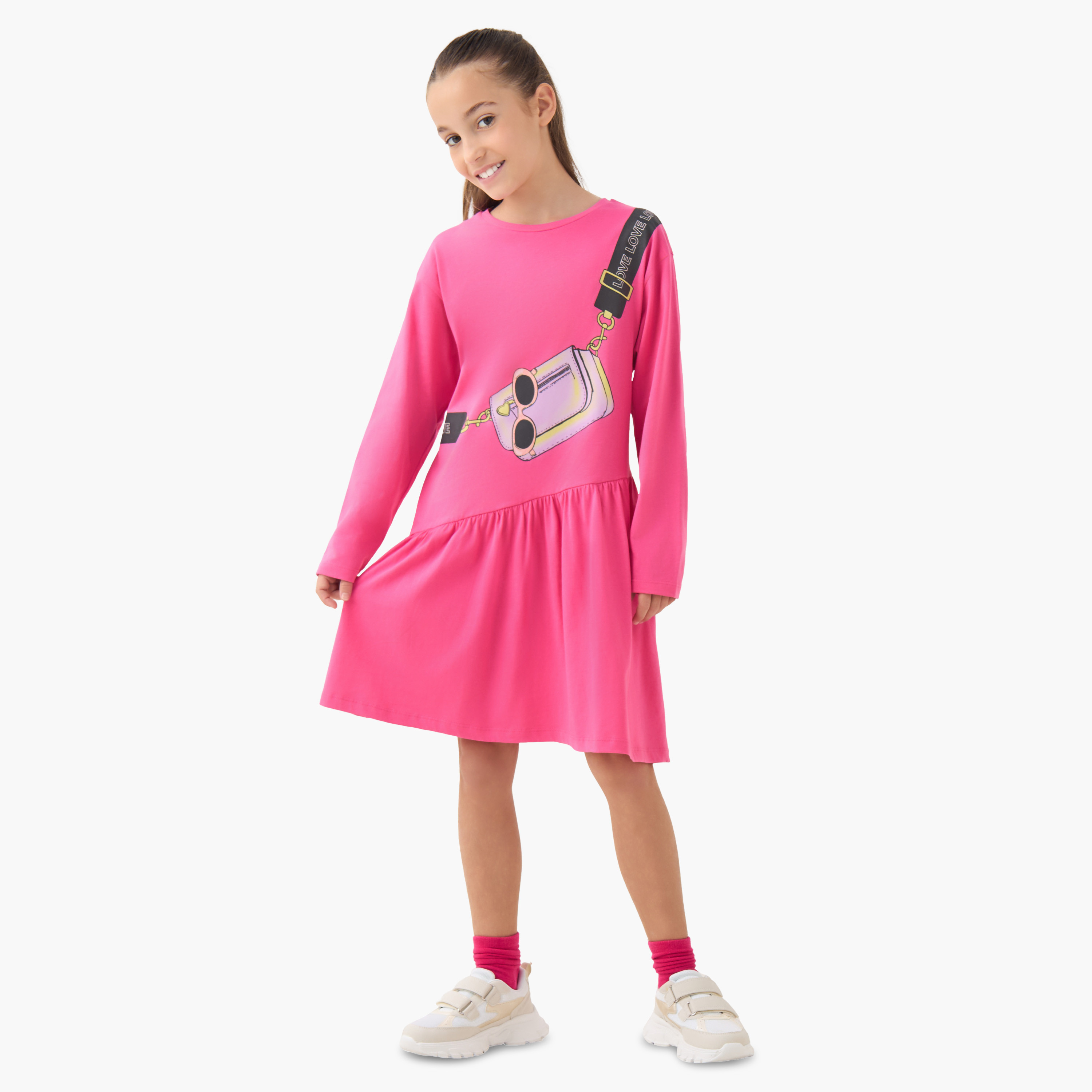 Juniors Round Neck Long Sleeves A-line Dress with Graphic Print-girls-clothing-dressesandjumpsuits-image-2