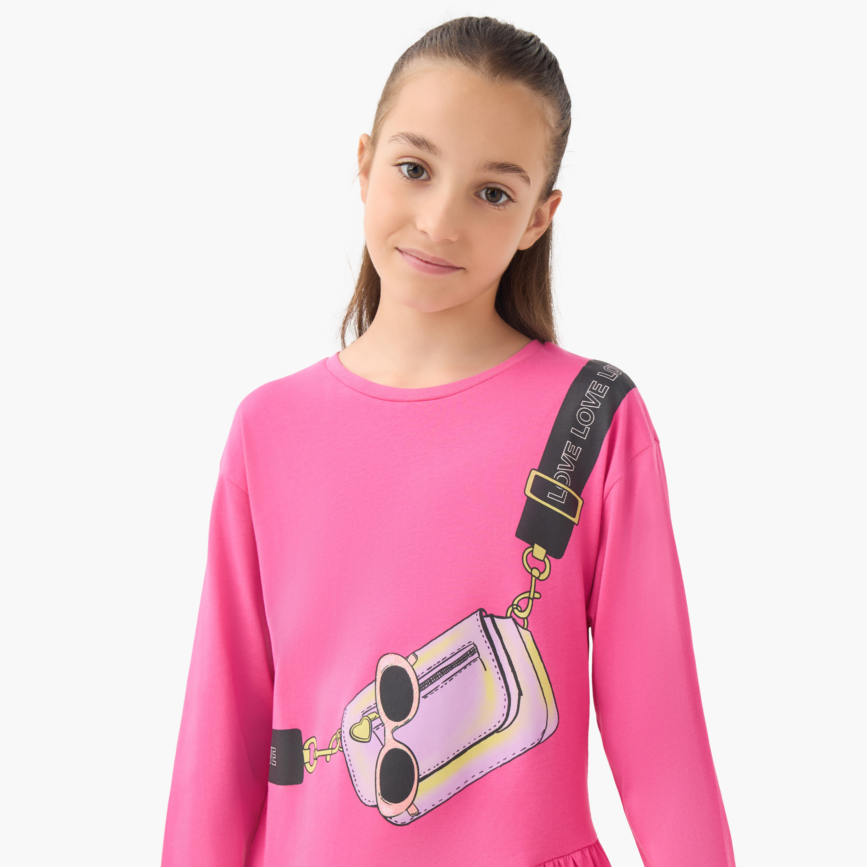 Juniors Round Neck Long Sleeves A-line Dress with Graphic Print-girls-clothing-dressesandjumpsuits-image-4