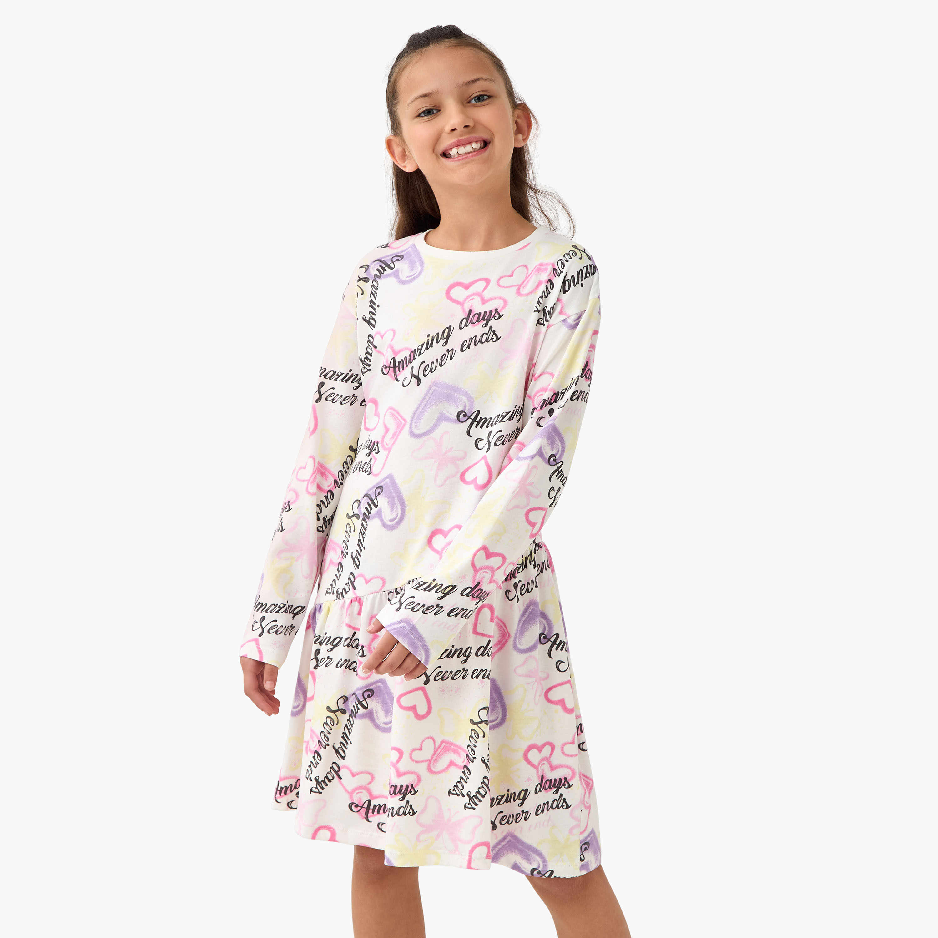 Juniors Round Neck Long Sleeve Dress with Heart Print-girls-clothing-dressesandjumpsuits-image-1