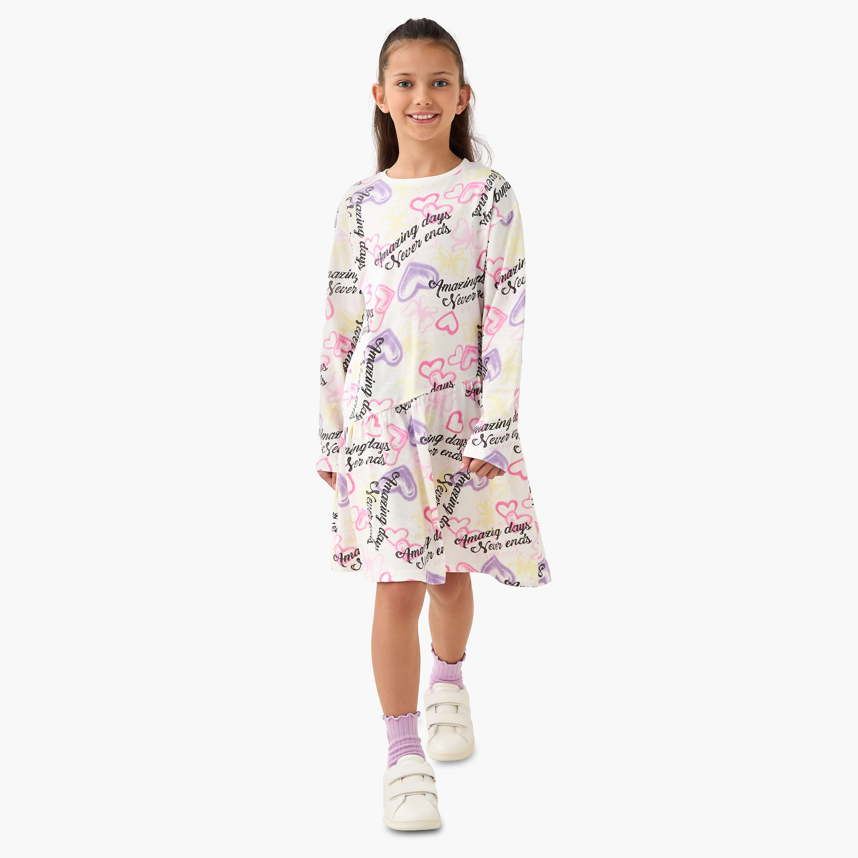 Juniors Round Neck Long Sleeve Dress with Heart Print-girls-clothing-dressesandjumpsuits-image-2