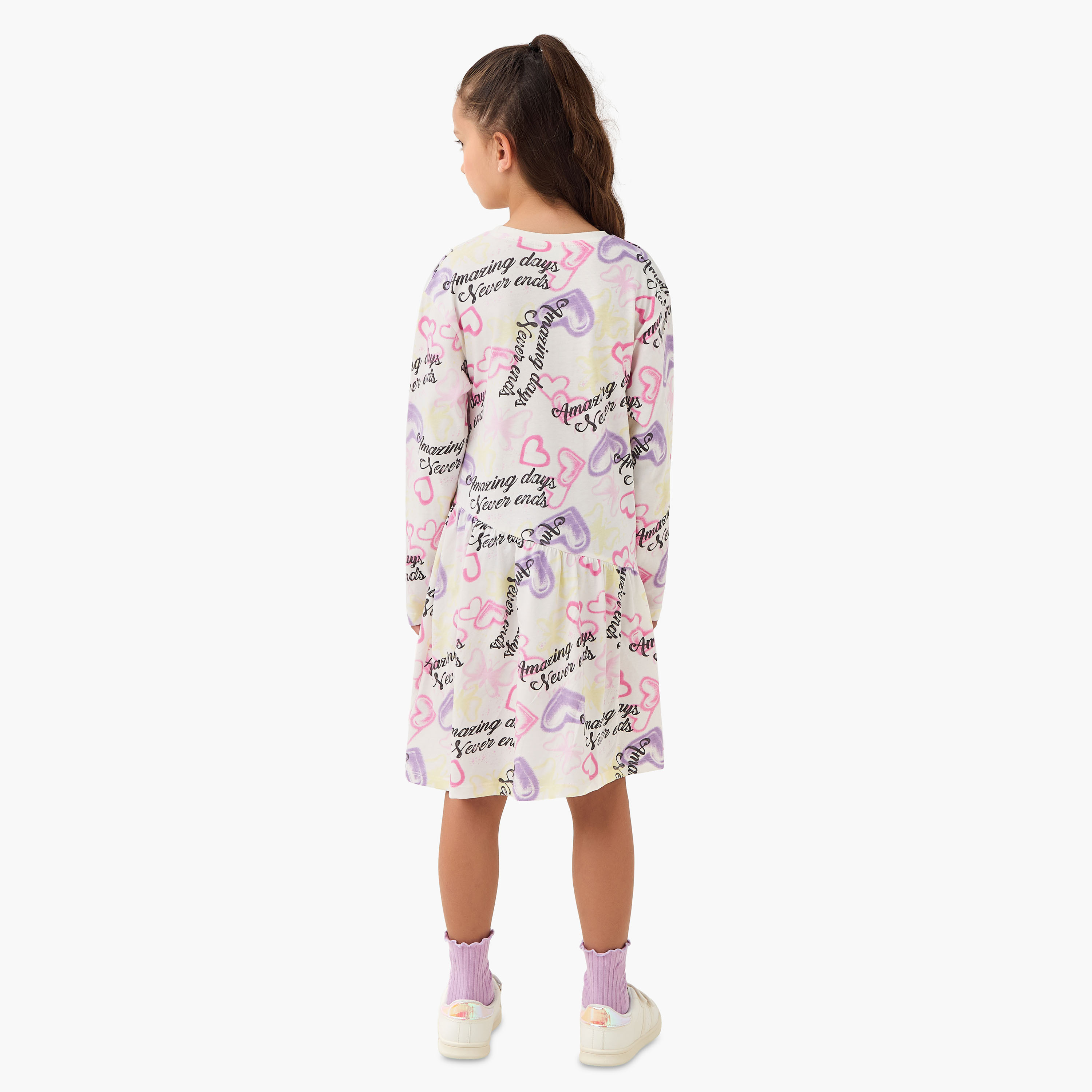 Juniors Round Neck Long Sleeve Dress with Heart Print-girls-clothing-dressesandjumpsuits-image-3