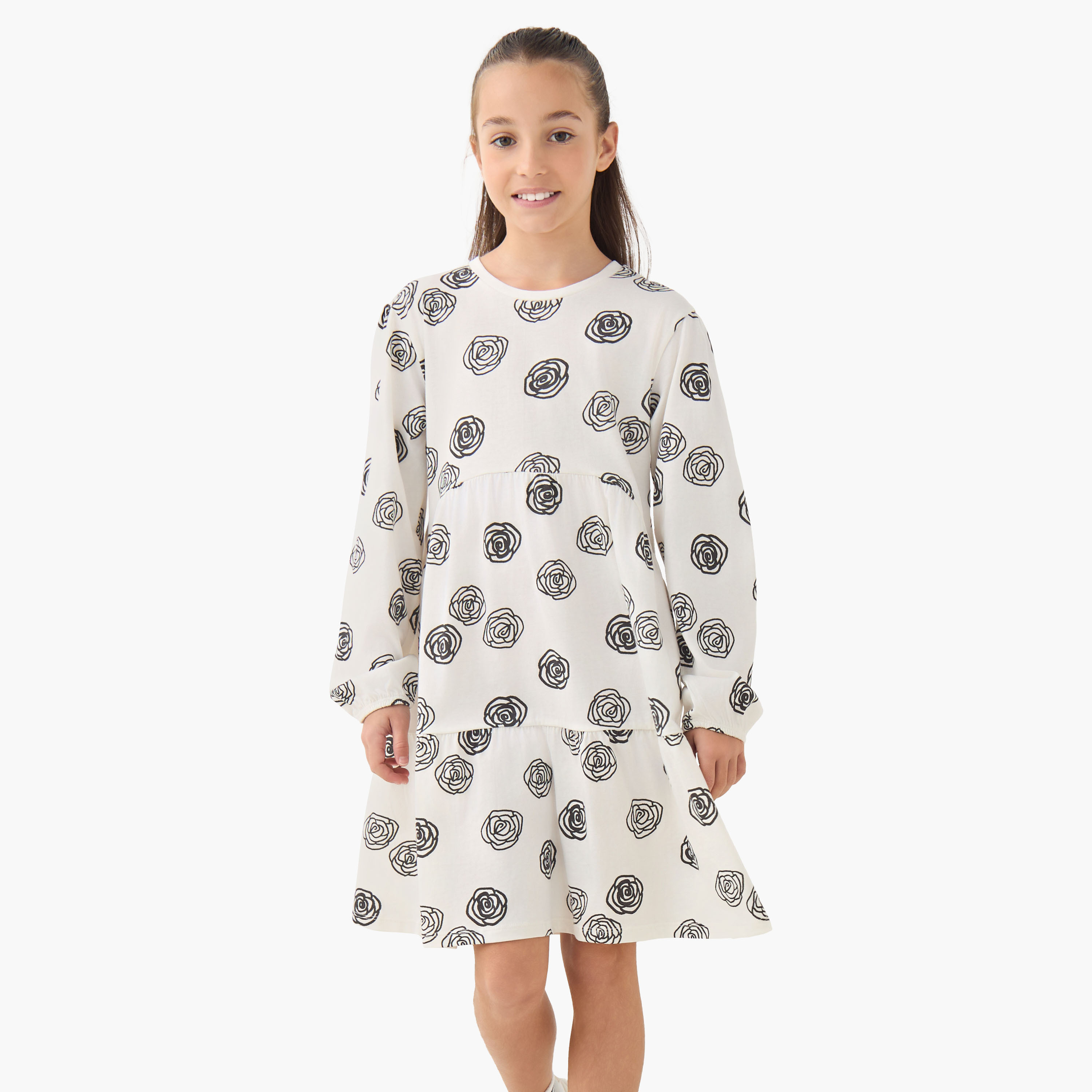 فستان بياقة مستديرة وأكمام طويلة بقصة خصر منخفض بطبعات زهور من جونيورز-girls-clothing-dressesandjumpsuits-image-1