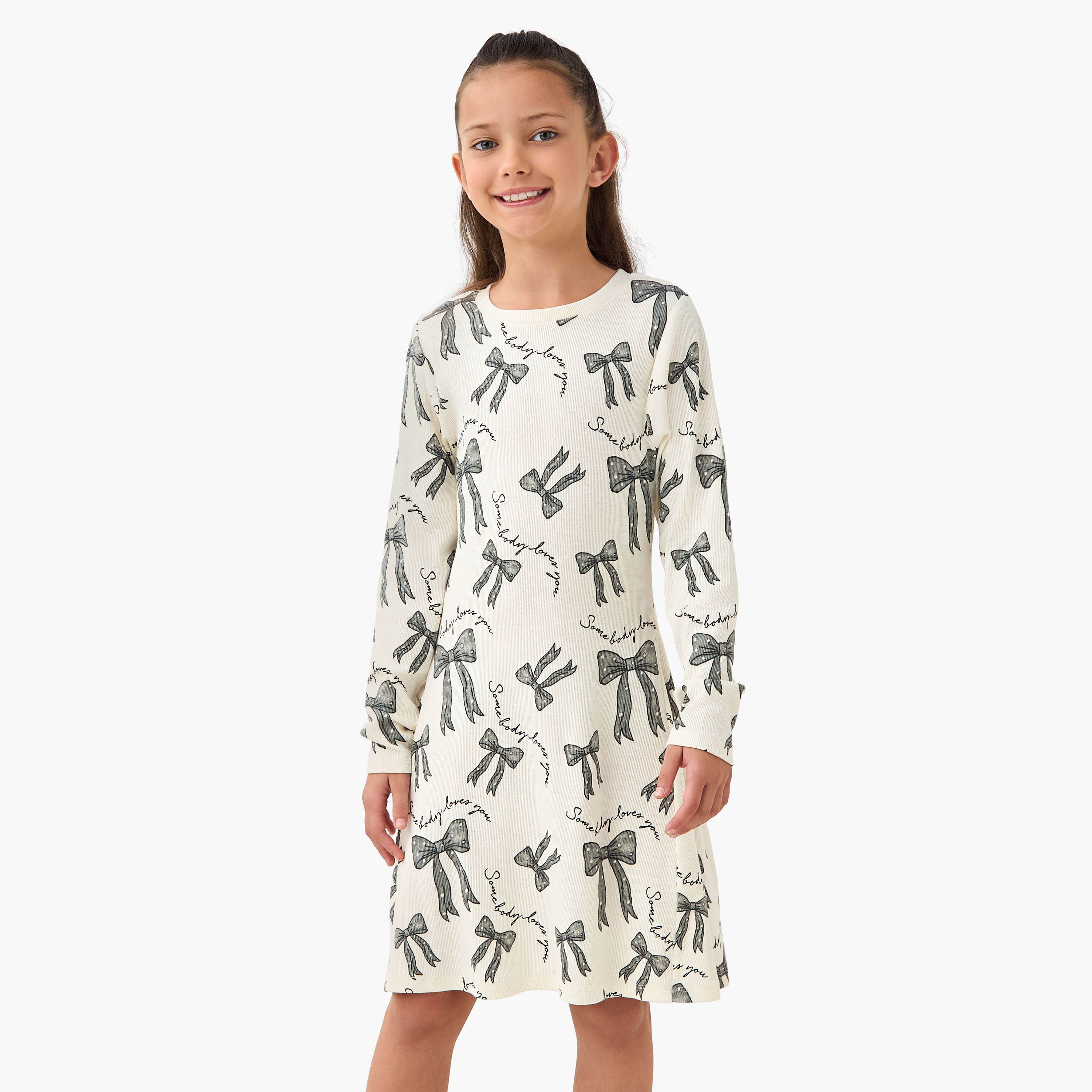 Juniors Round Neck Long Sleeve Dress with Floral Print-girls-clothing-dressesandjumpsuits-image-1