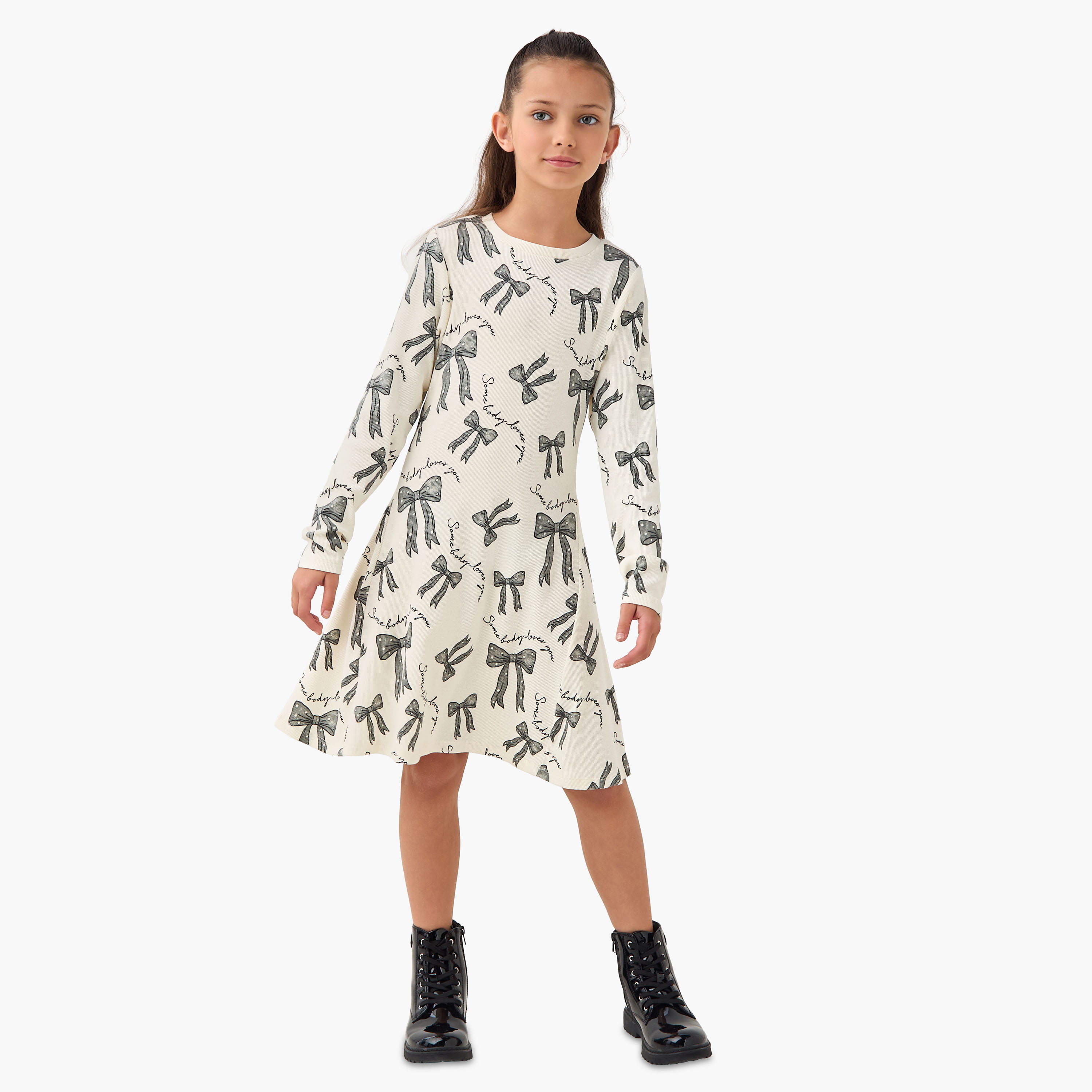 Juniors Round Neck Long Sleeve Dress with Floral Print-girls-clothing-dressesandjumpsuits-image-2