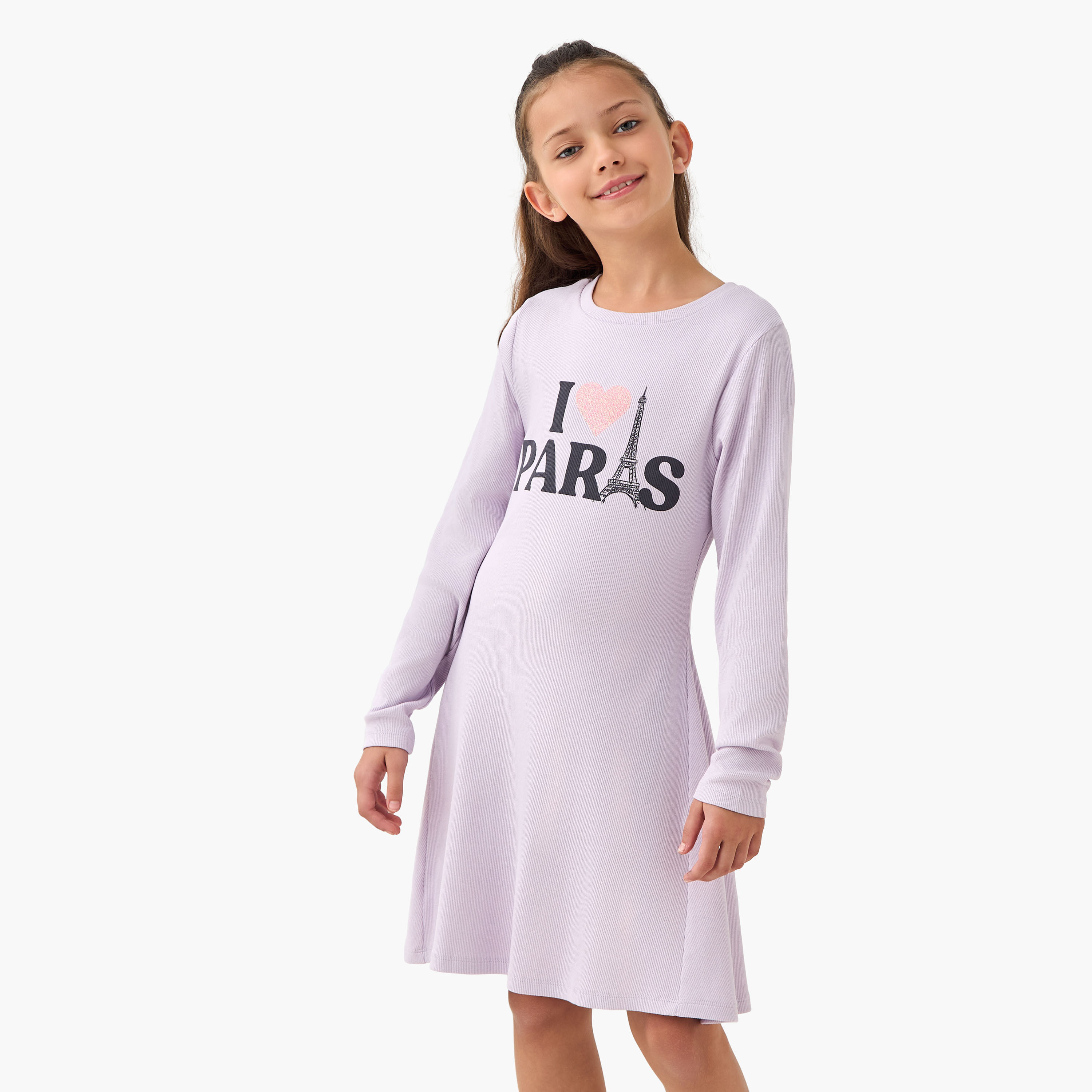 Juniors Round Neck Long Sleeve Dress with Floral Print-girls-clothing-dressesandjumpsuits-image-1