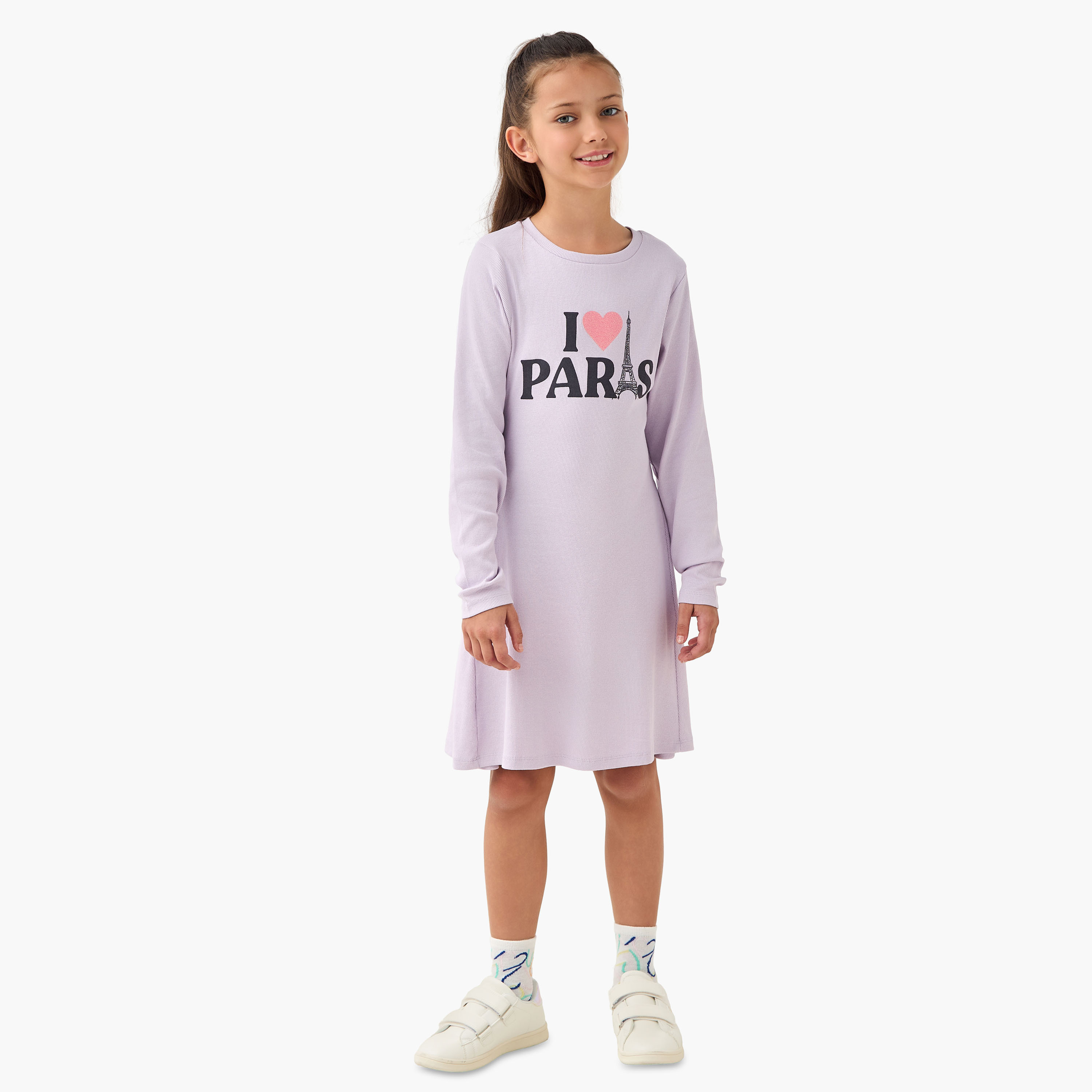 Juniors Round Neck Long Sleeve Dress with Floral Print-girls-clothing-dressesandjumpsuits-image-2