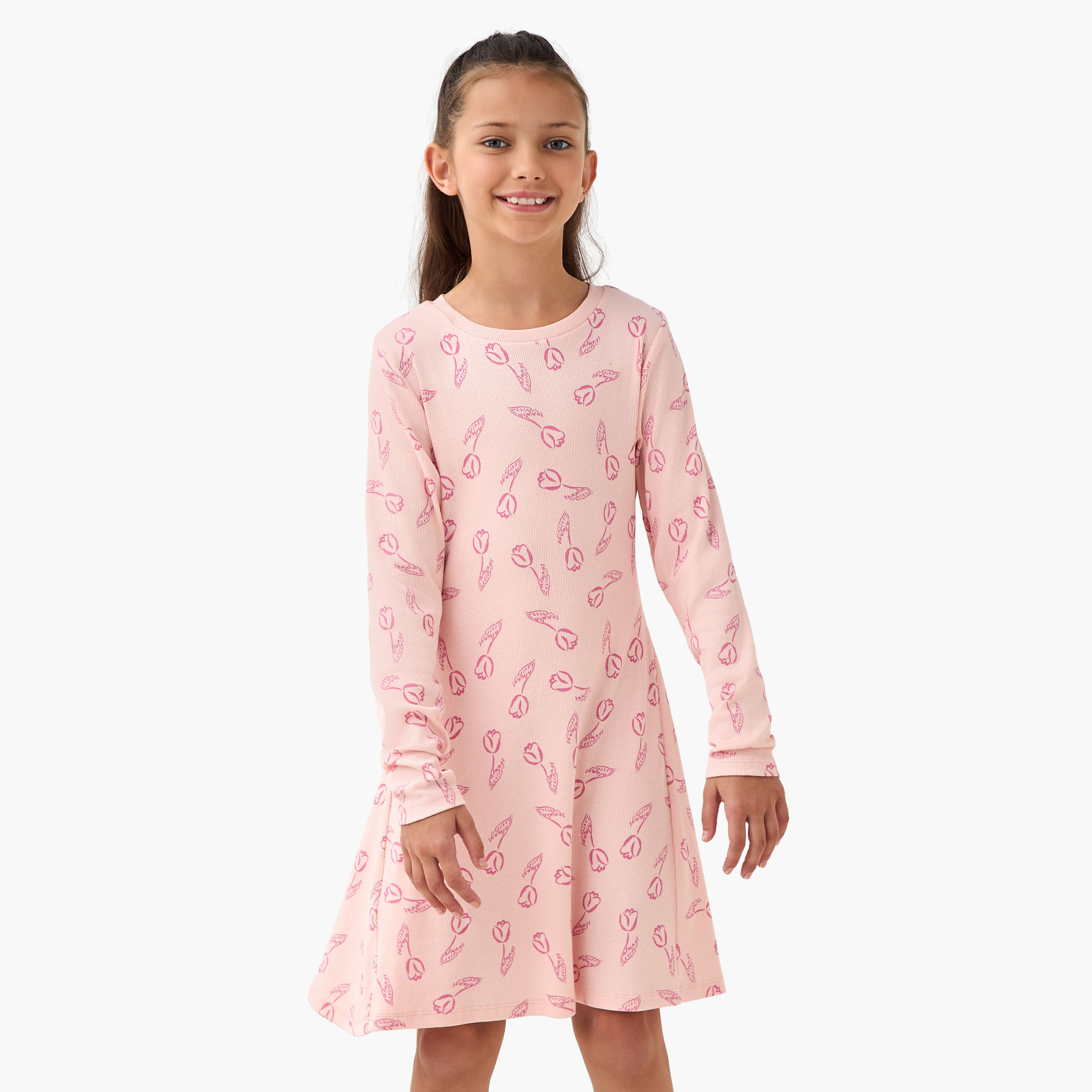 Juniors Round Neck Long Sleeve Dress with Floral Print-girls-clothing-dressesandjumpsuits-image-1