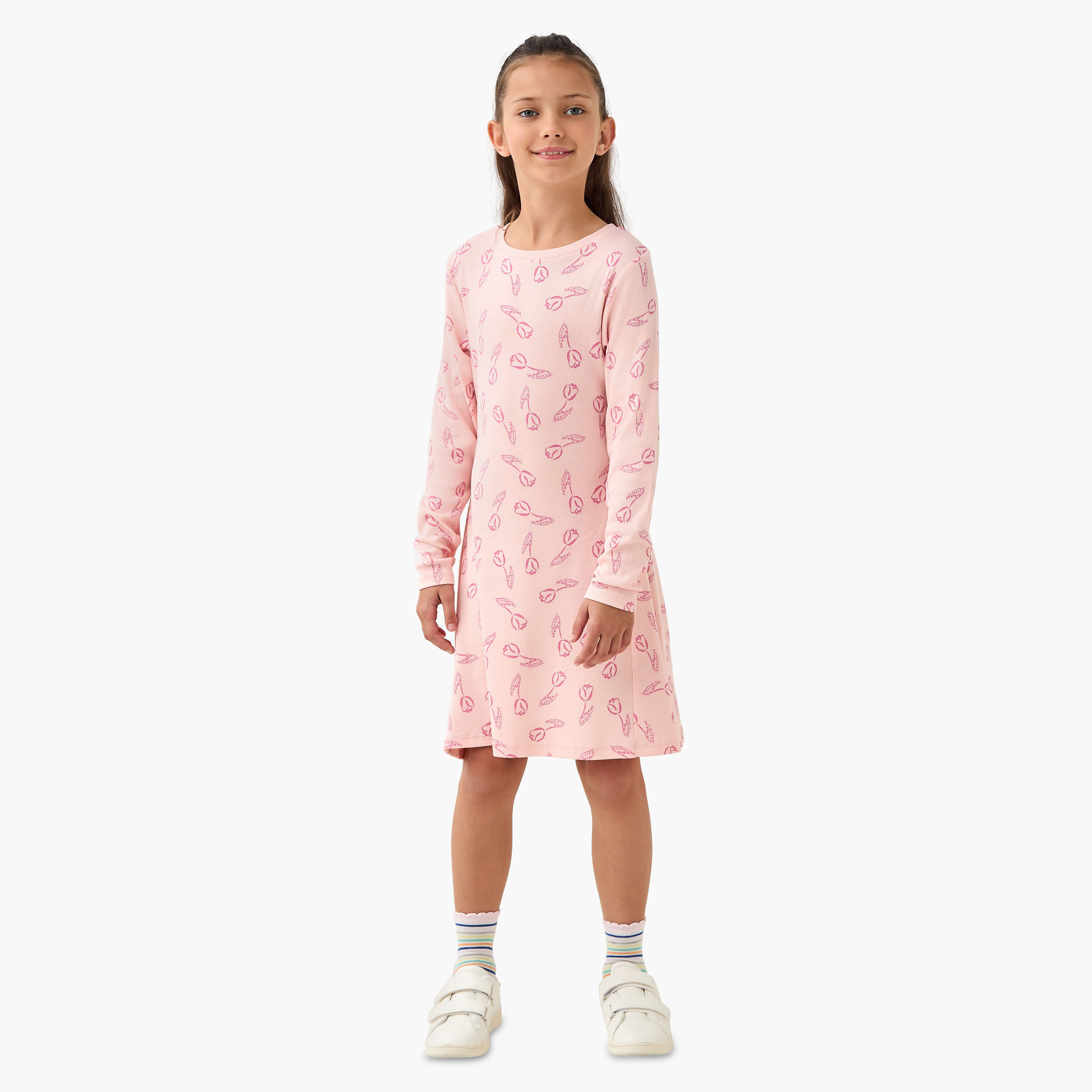 Juniors Round Neck Long Sleeve Dress with Floral Print-girls-clothing-dressesandjumpsuits-image-2