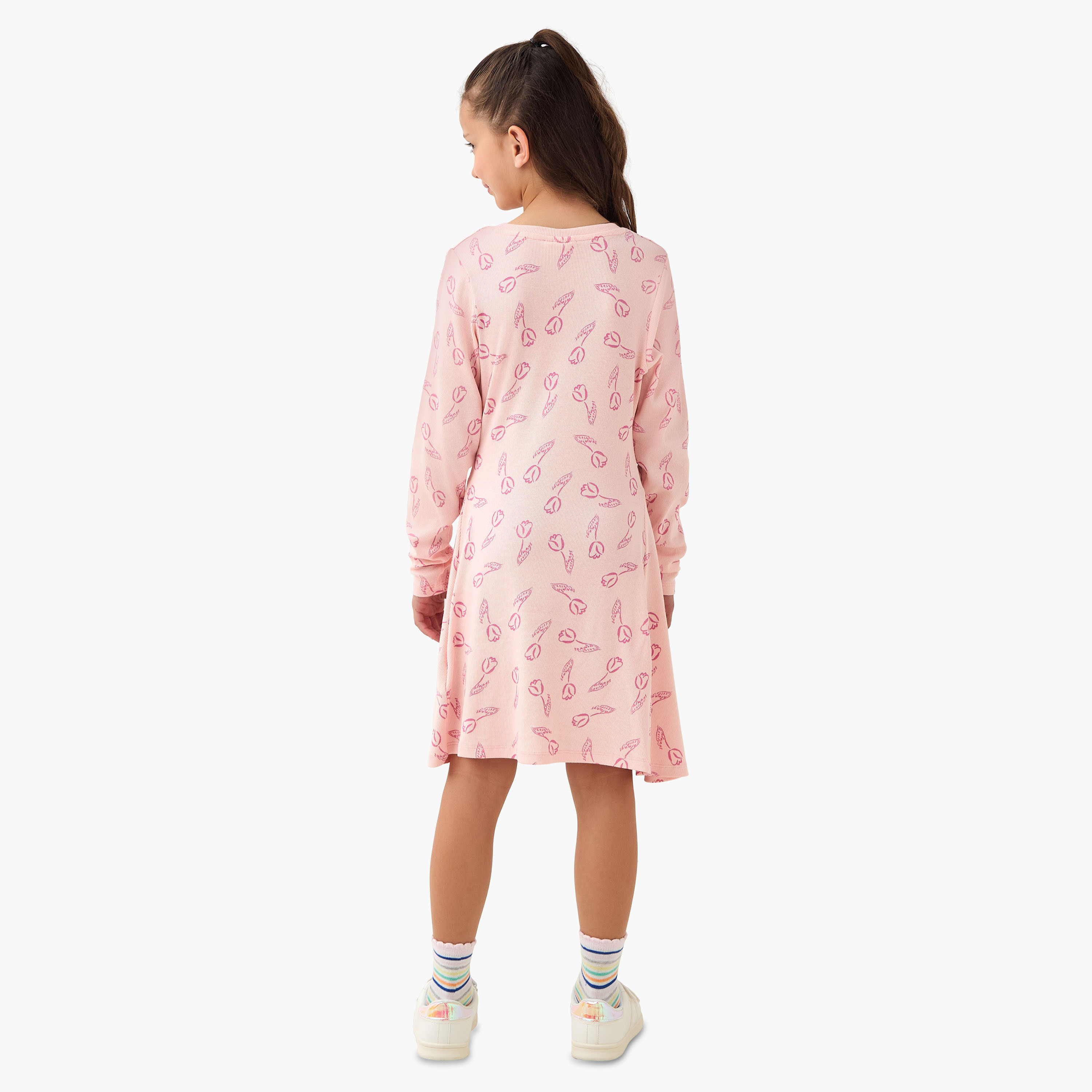 Juniors Round Neck Long Sleeve Dress with Floral Print-girls-clothing-dressesandjumpsuits-image-3