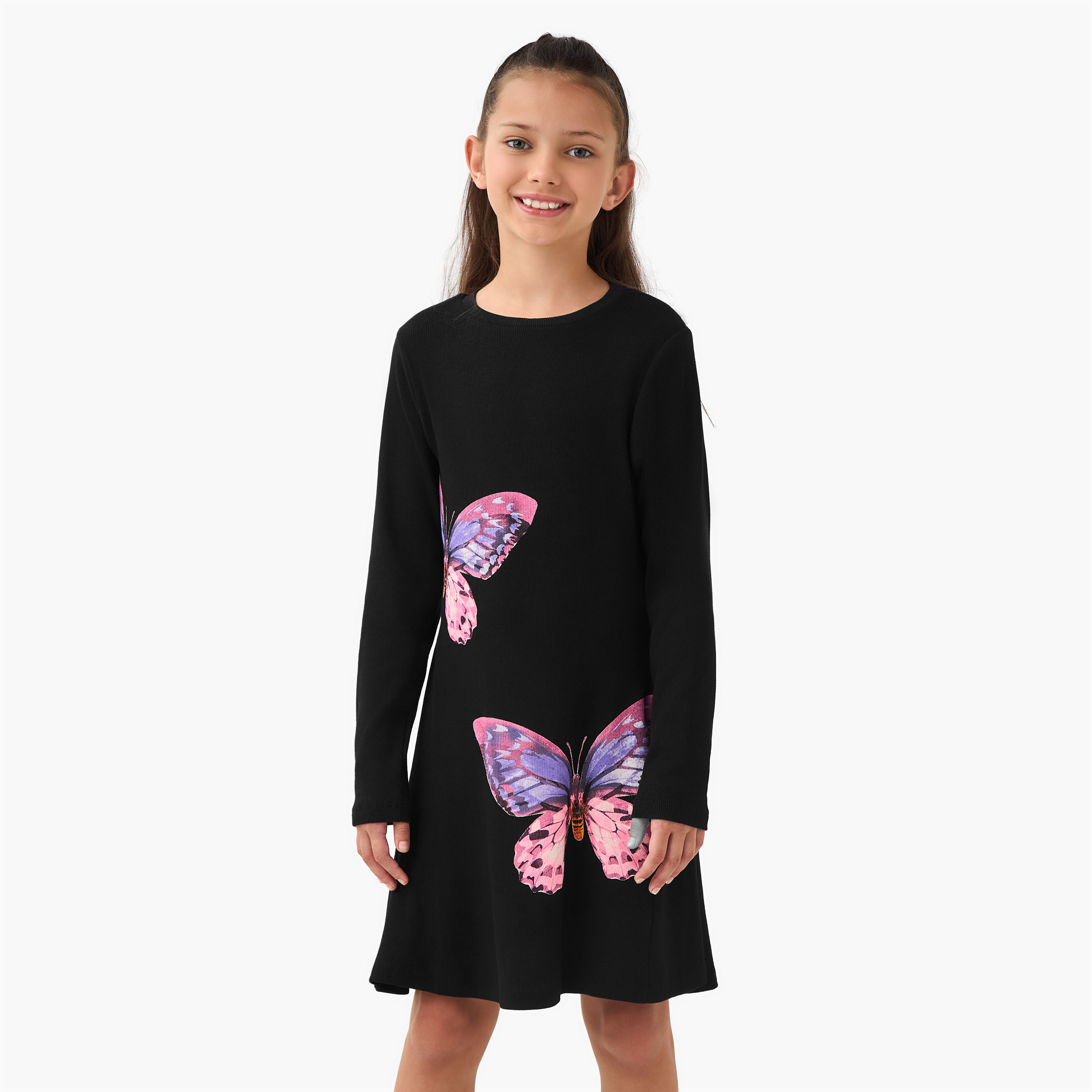 فستان بقصة إيه لاين بياقة مستديرة وأكمام طويلة بطبعات فراشات من جونيورز-girls-clothing-dressesandjumpsuits-image-1