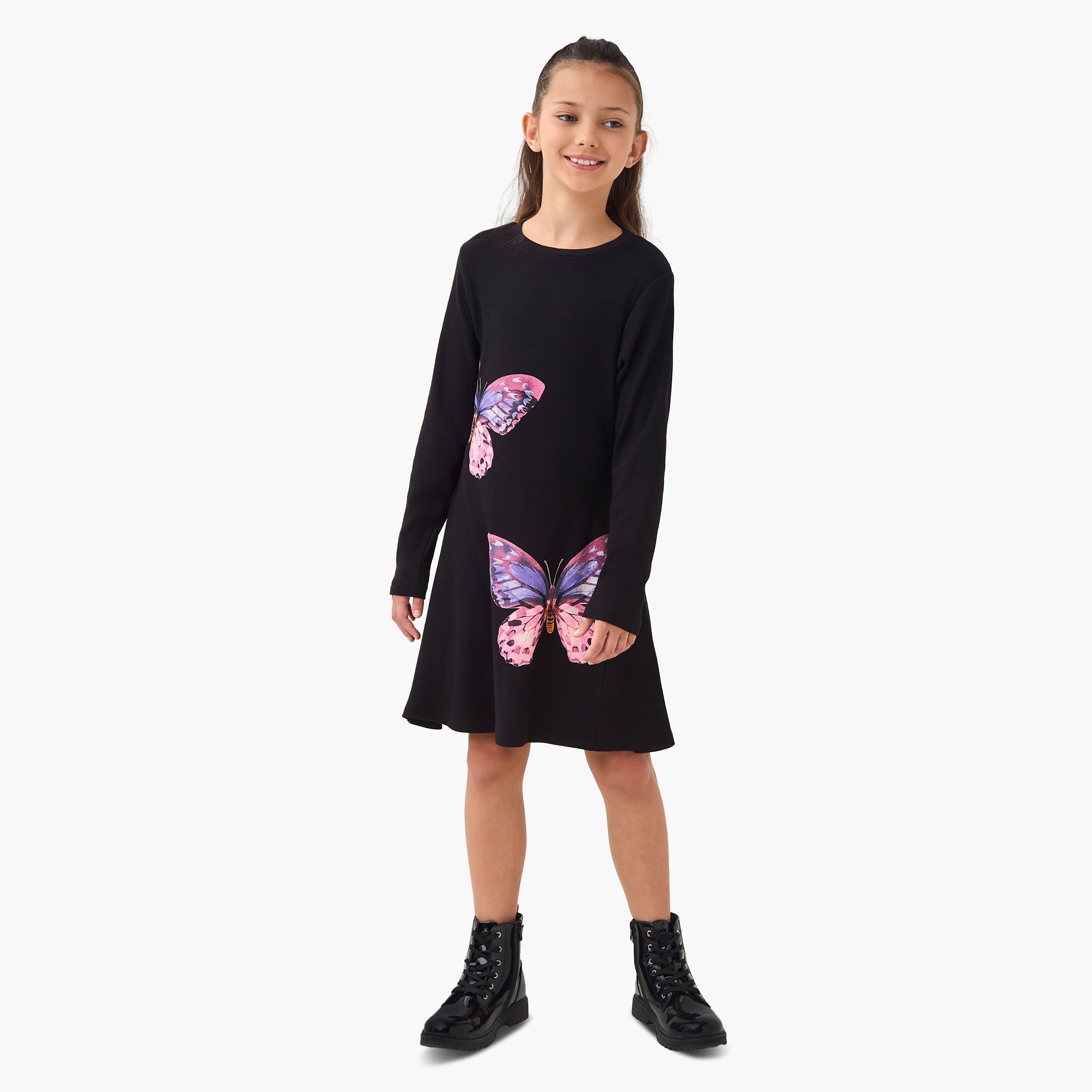 فستان بقصة إيه لاين بياقة مستديرة وأكمام طويلة بطبعات فراشات من جونيورز-girls-clothing-dressesandjumpsuits-image-2