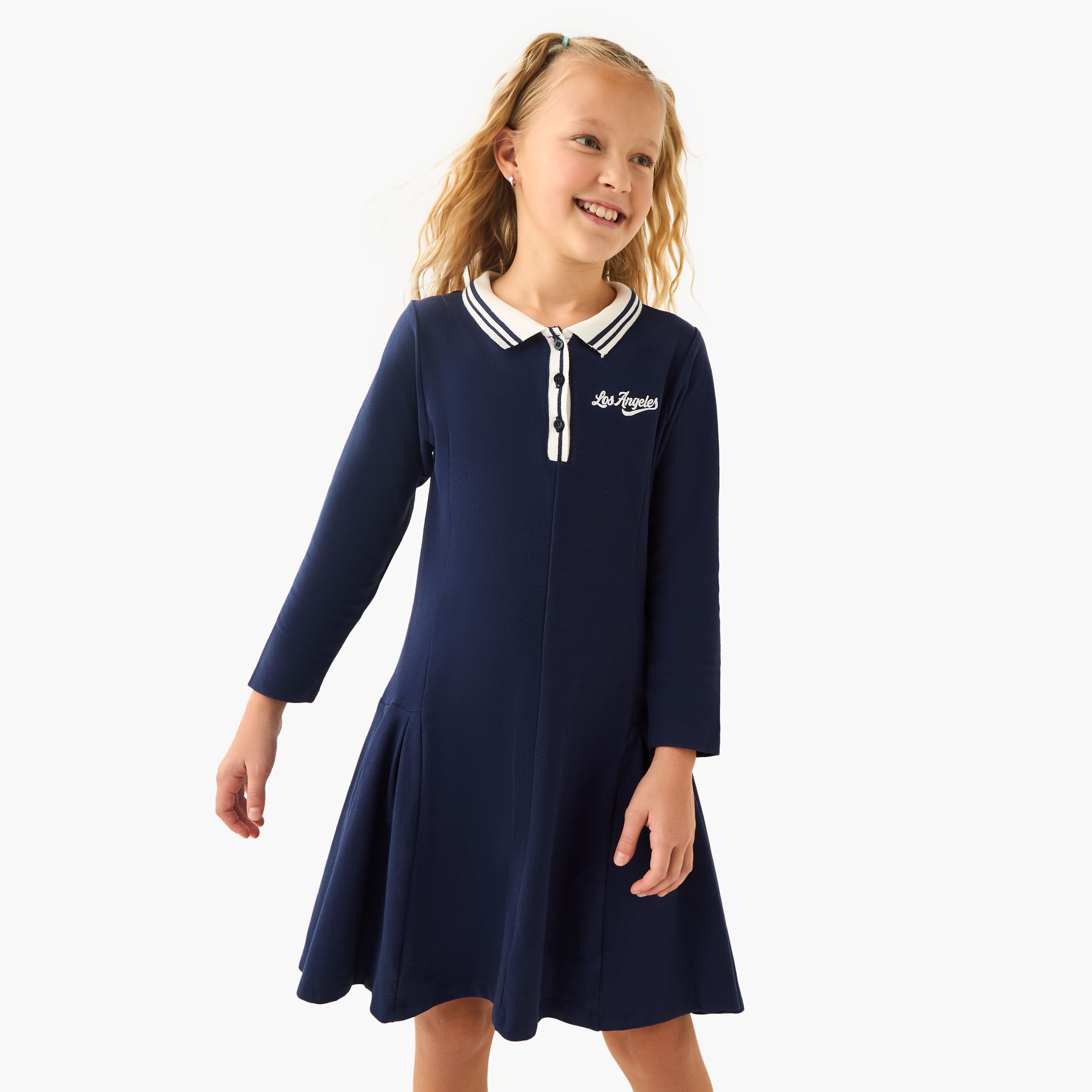 Juniors Collared Long Sleeves Knee Length Polo Dress with Los Angeles Embroidery-girls-clothing-dressesandjumpsuits-image-1