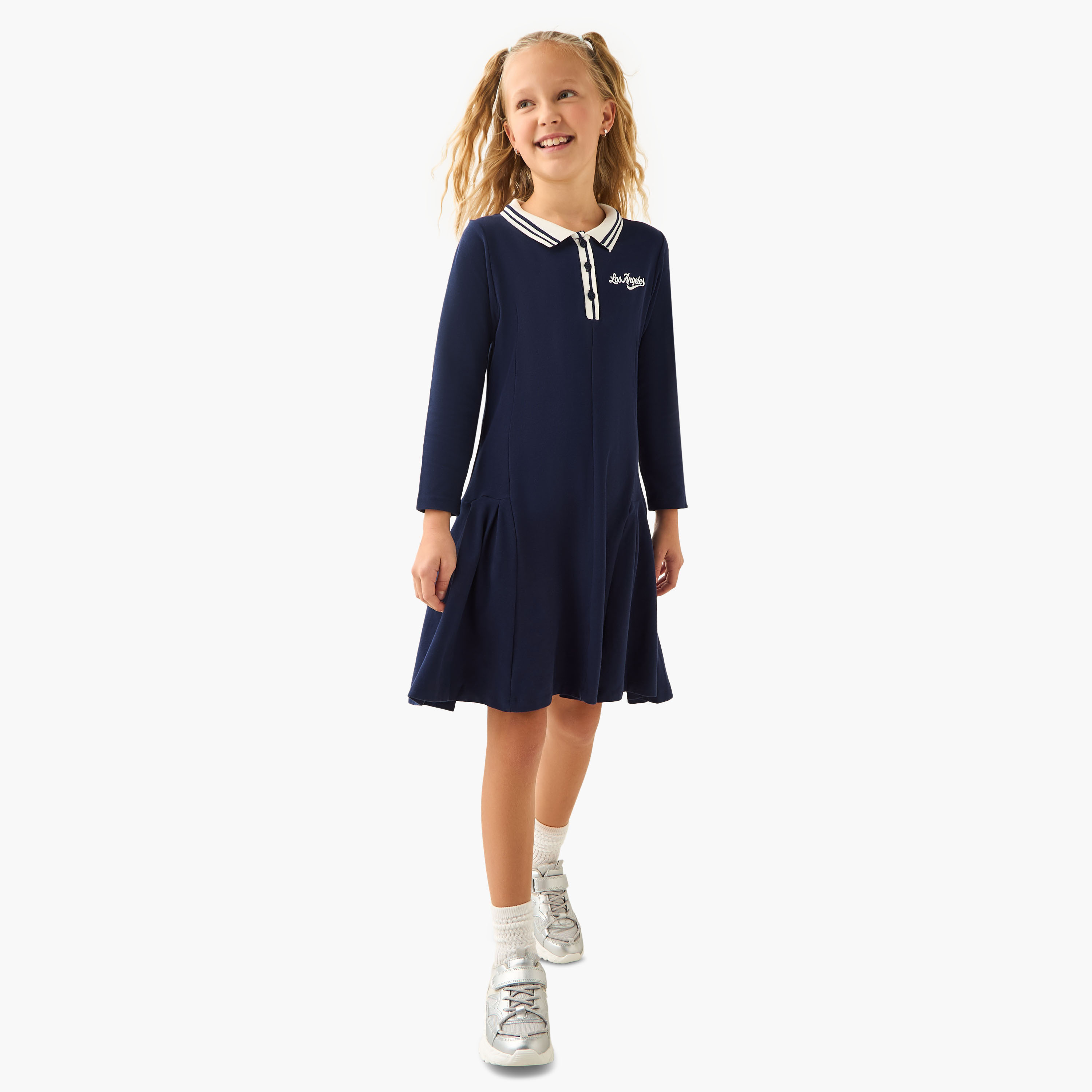 Juniors Collared Long Sleeves Knee Length Polo Dress with Los Angeles Embroidery-girls-clothing-dressesandjumpsuits-image-2