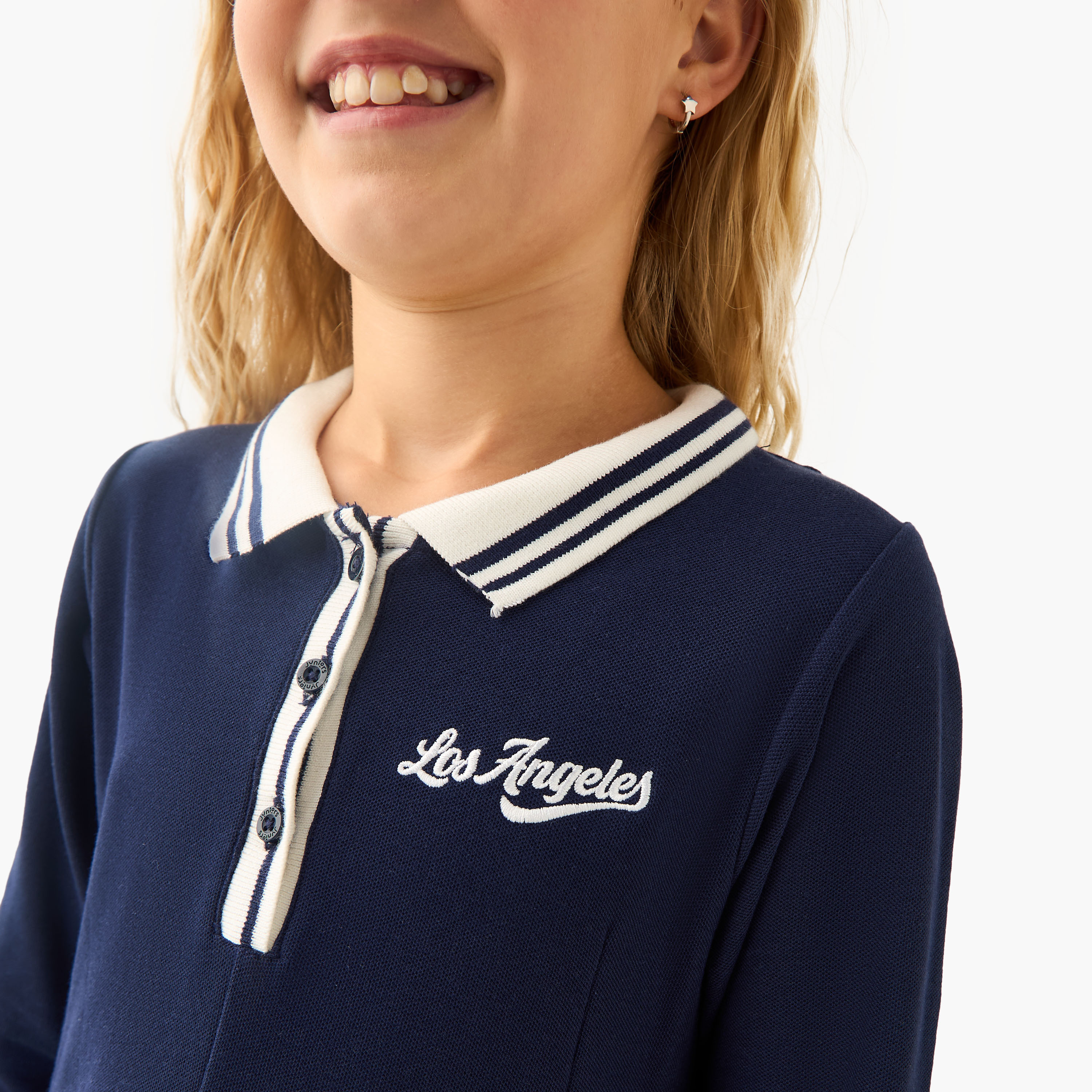 Juniors Collared Long Sleeves Knee Length Polo Dress with Los Angeles Embroidery-girls-clothing-dressesandjumpsuits-image-4