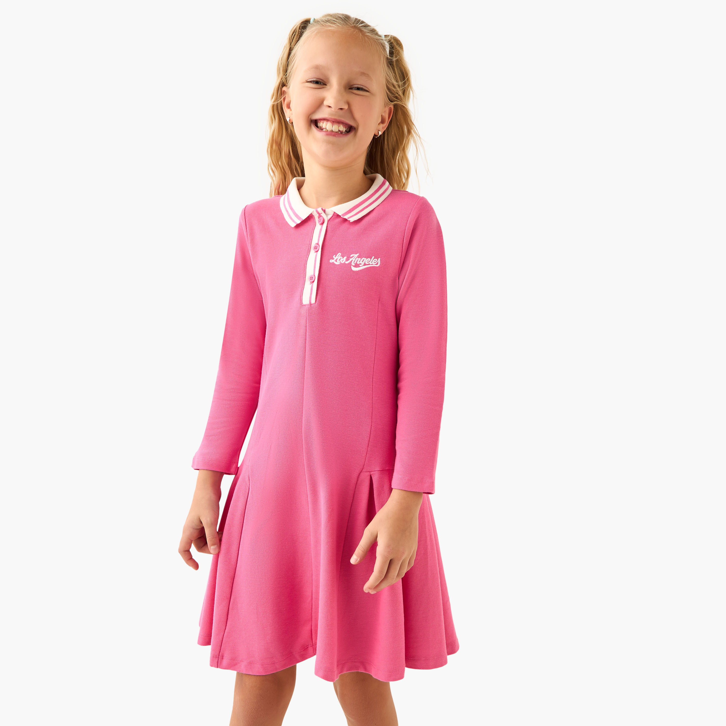 Juniors Collared Long Sleeves Knee Length Polo Dress with Los Angeles Embroidery-girls-clothing-dressesandjumpsuits-image-1