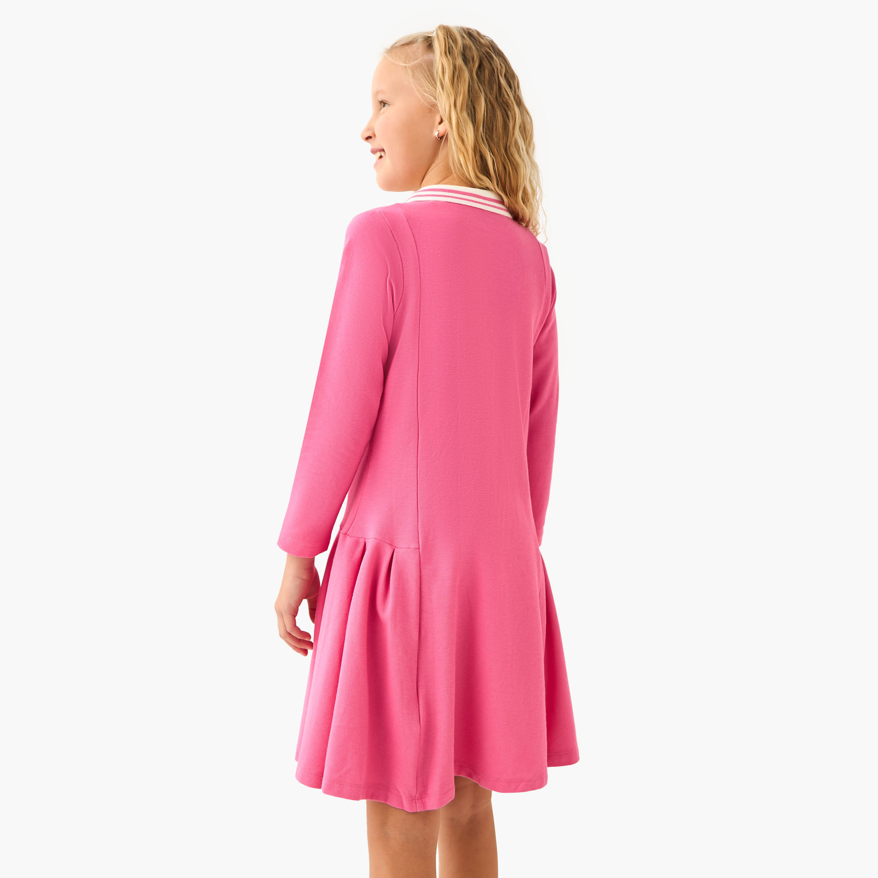 Juniors Collared Long Sleeves Knee Length Polo Dress with Los Angeles Embroidery-girls-clothing-dressesandjumpsuits-image-3