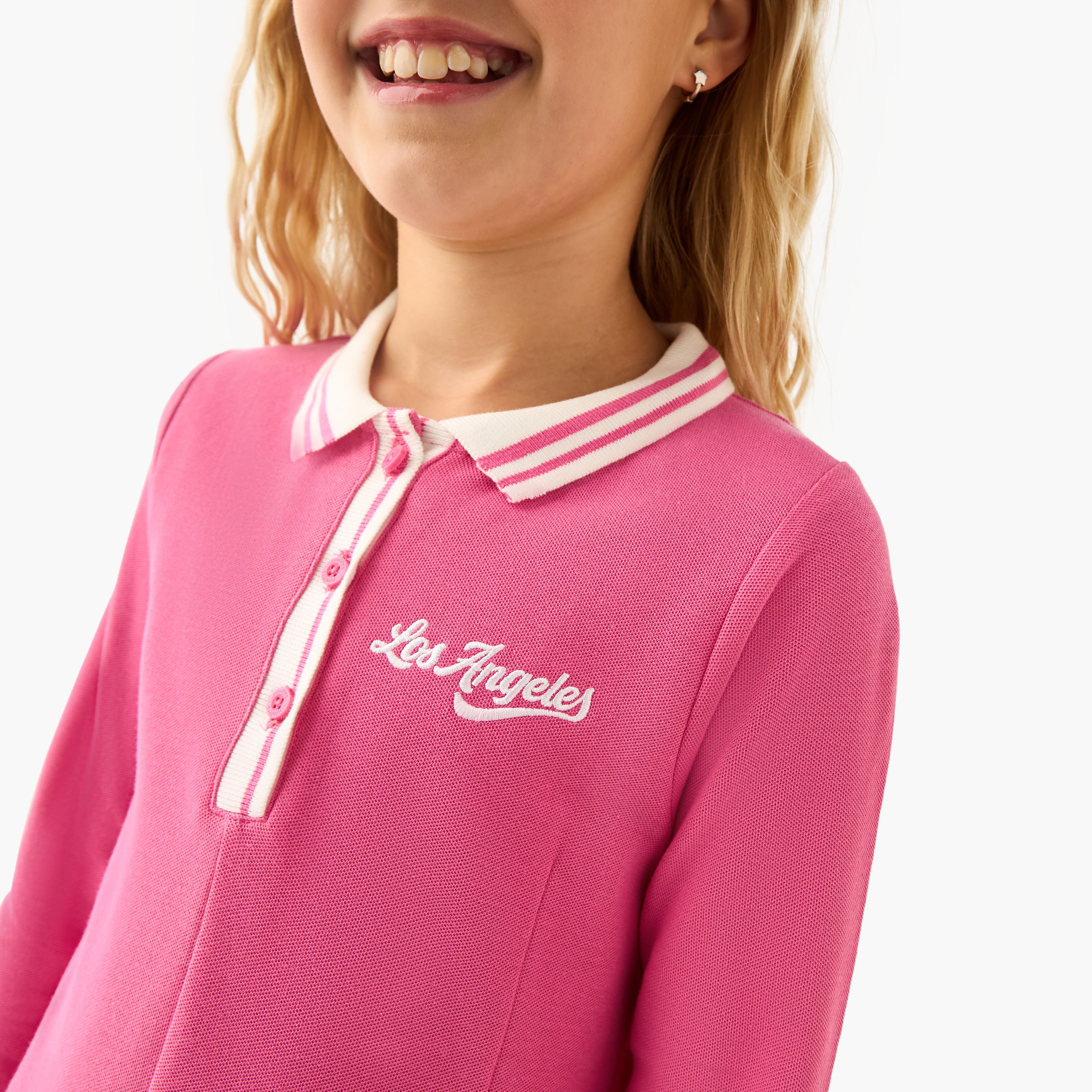 Juniors Collared Long Sleeves Knee Length Polo Dress with Los Angeles Embroidery-girls-clothing-dressesandjumpsuits-image-4