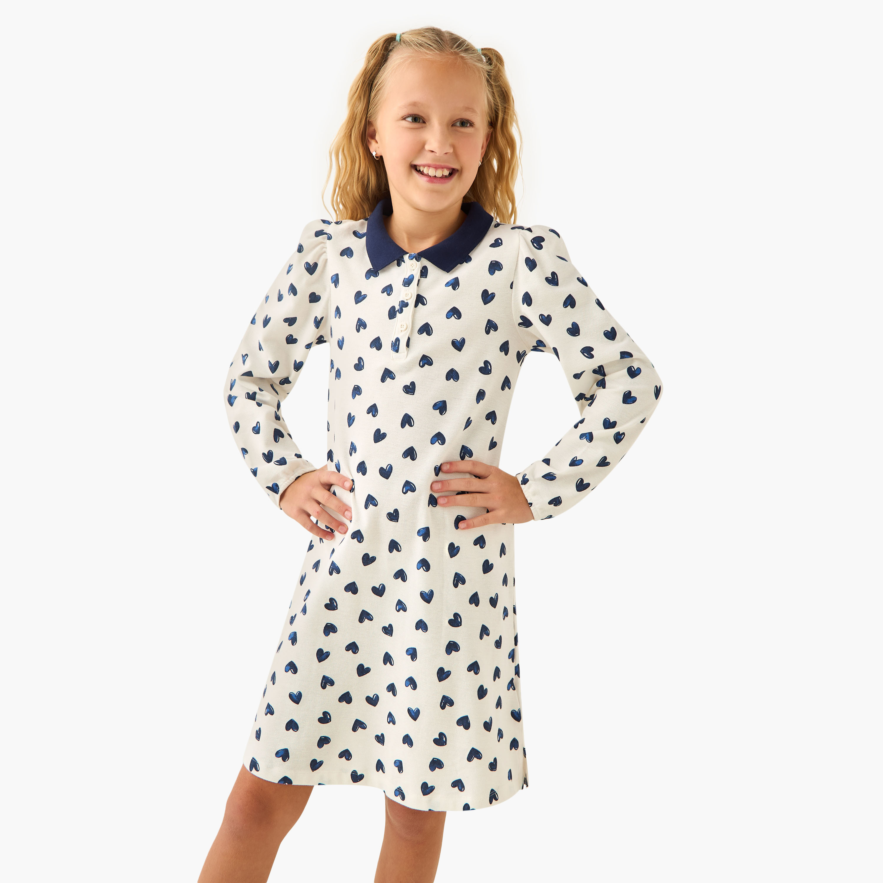 Juniors Collared Long Sleeves Knee Length Polo Dress with Heart Print-girls-clothing-dressesandjumpsuits-image-1