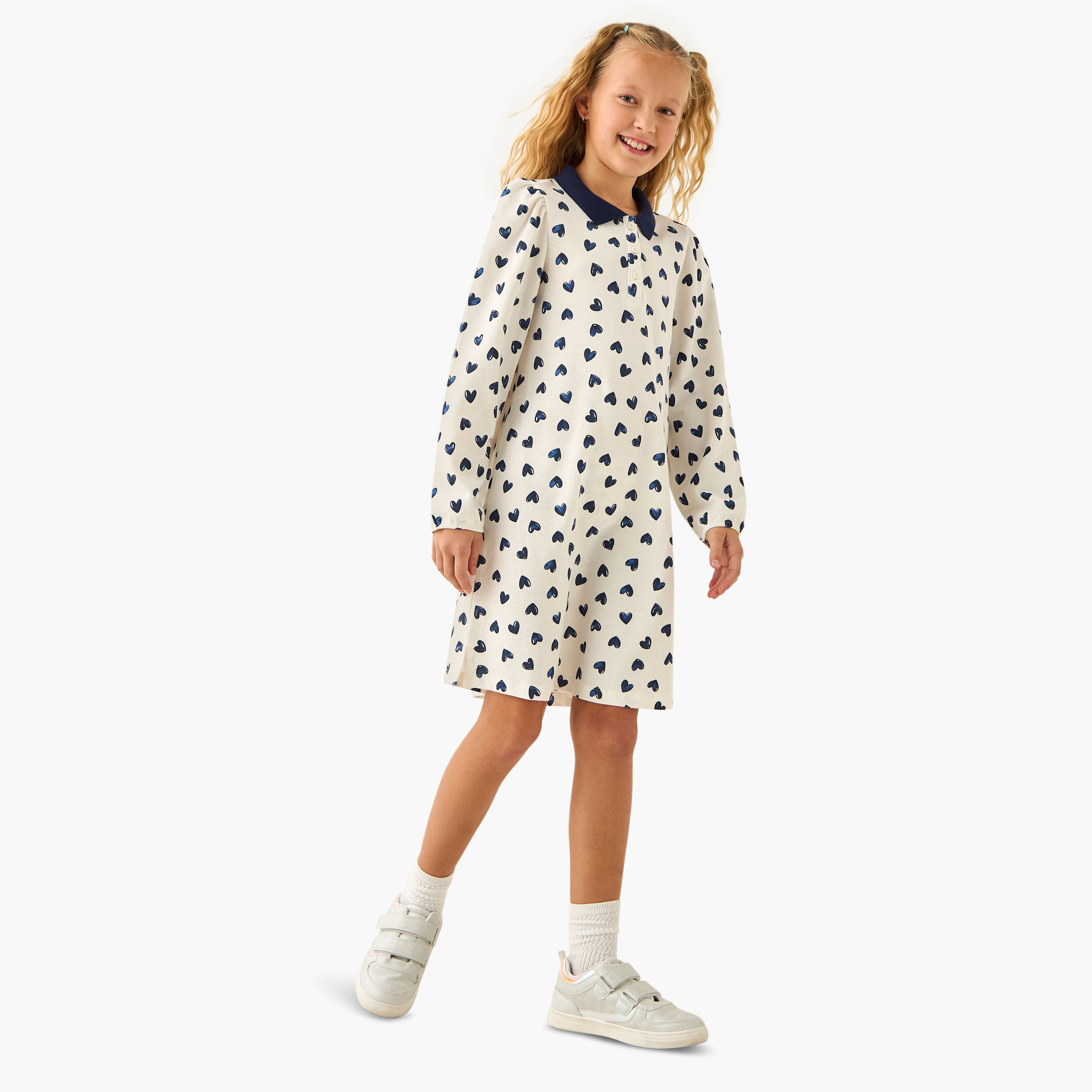 Juniors Collared Long Sleeves Knee Length Polo Dress with Heart Print-girls-clothing-dressesandjumpsuits-image-2
