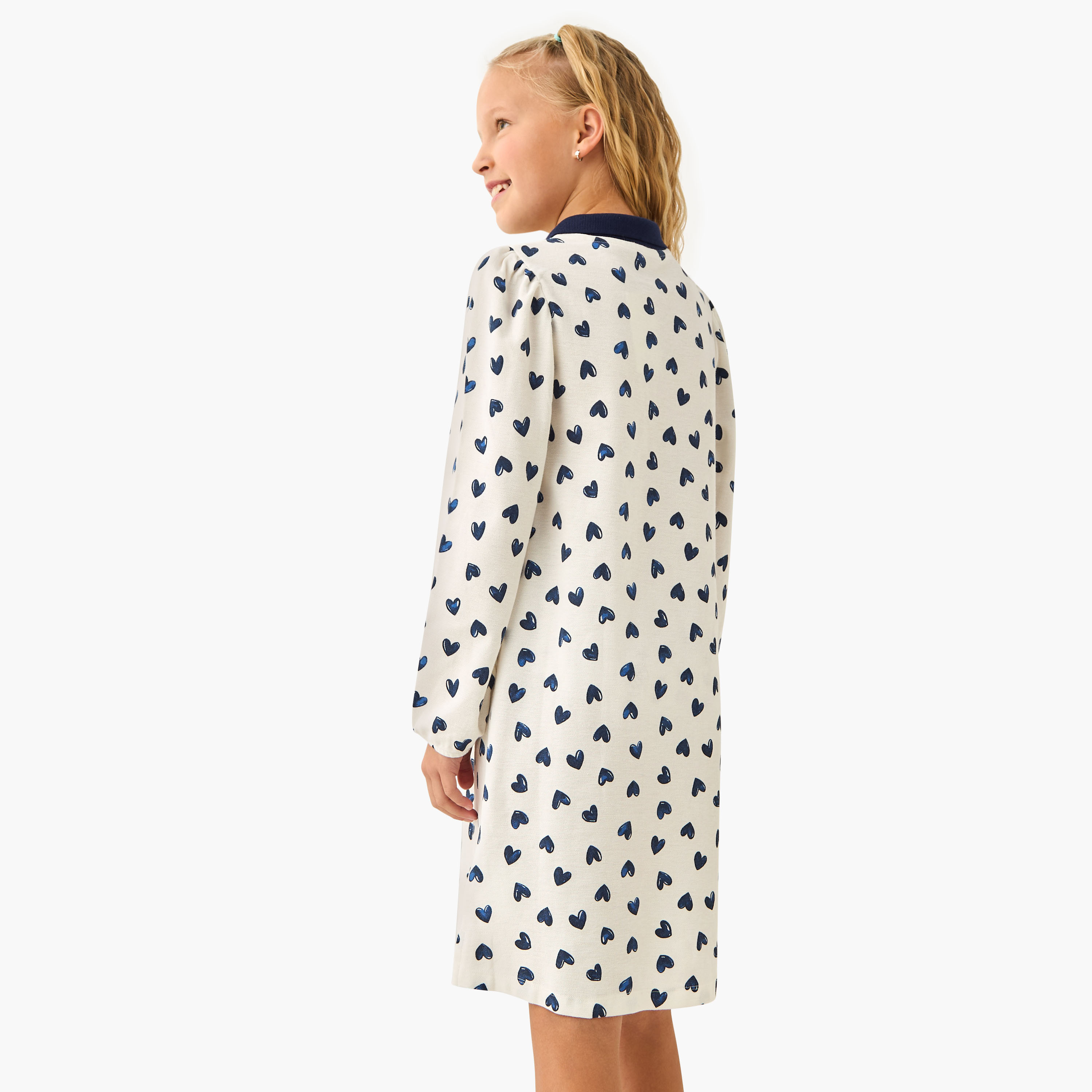 Juniors Collared Long Sleeves Knee Length Polo Dress with Heart Print-girls-clothing-dressesandjumpsuits-image-3