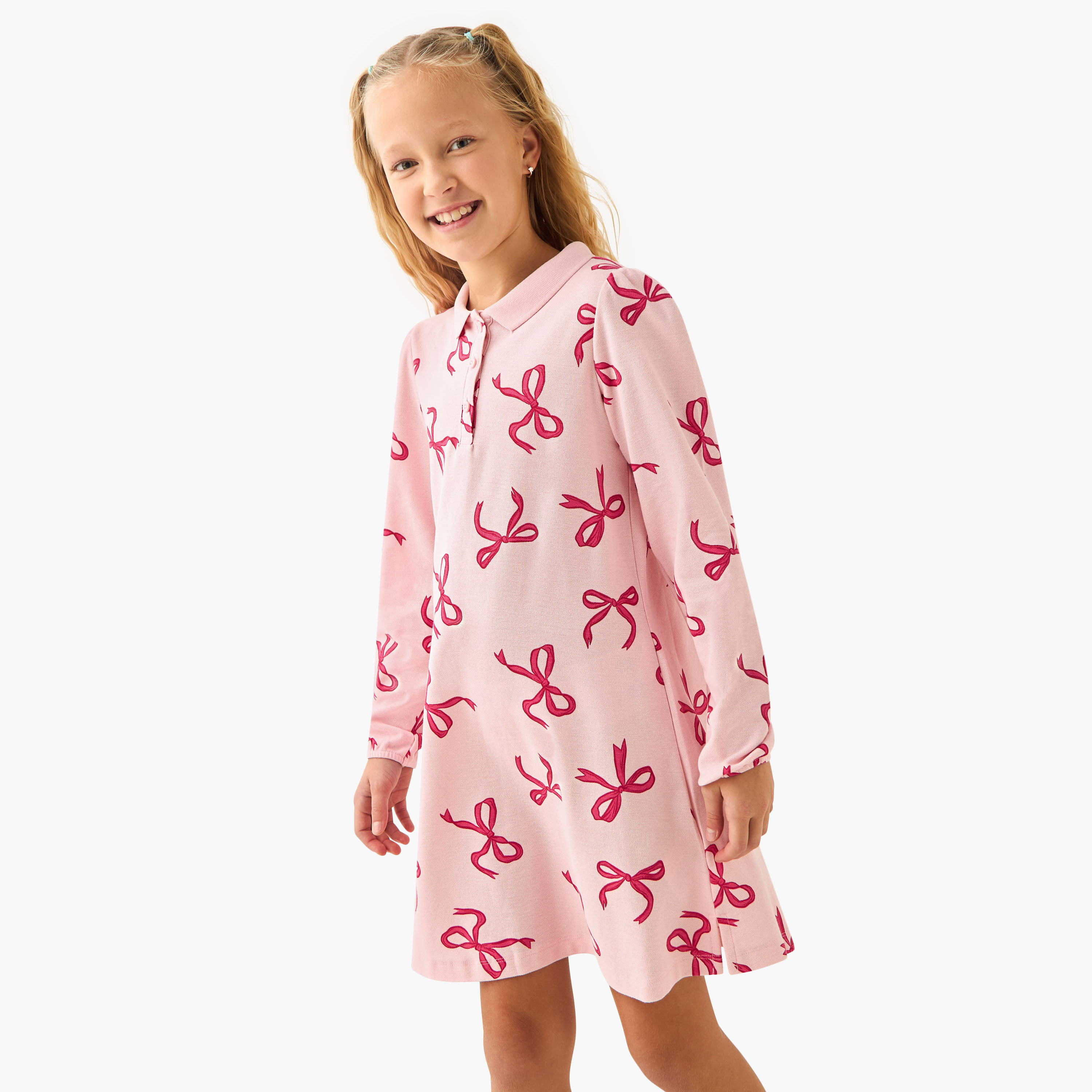 Juniors Collared Long Sleeves Knee Length Polo Dress with Heart Print-girls-clothing-dressesandjumpsuits-image-1