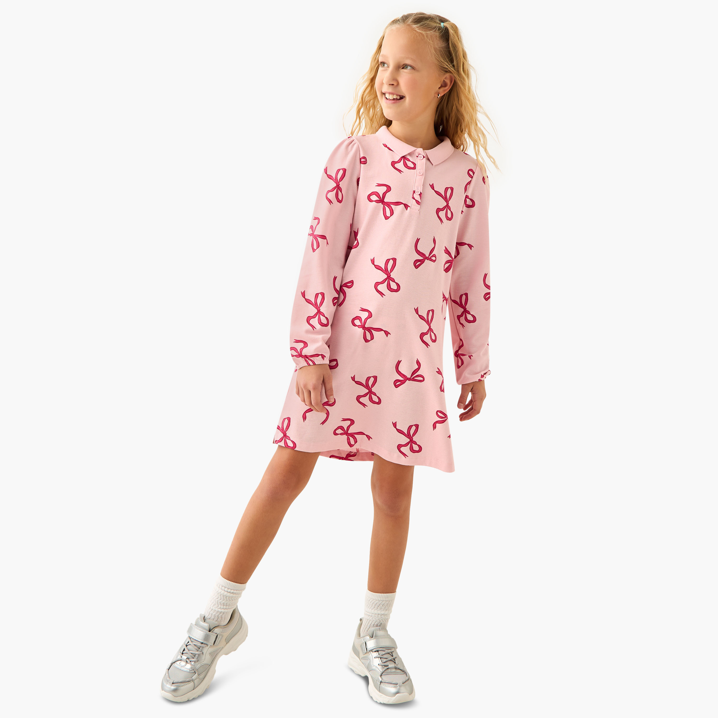 Juniors Collared Long Sleeves Knee Length Polo Dress with Heart Print-girls-clothing-dressesandjumpsuits-image-2