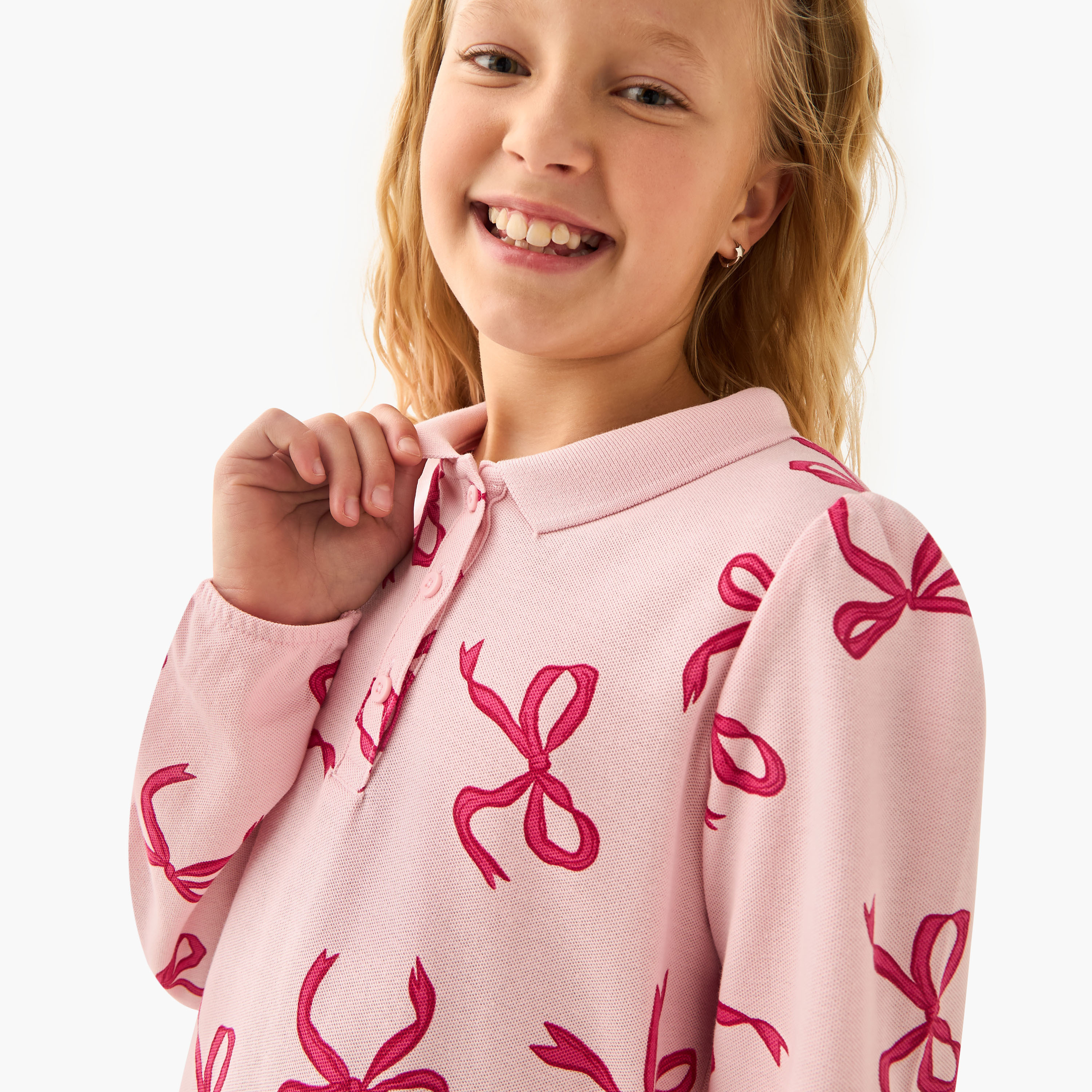 Juniors Collared Long Sleeves Knee Length Polo Dress with Heart Print-girls-clothing-dressesandjumpsuits-image-4