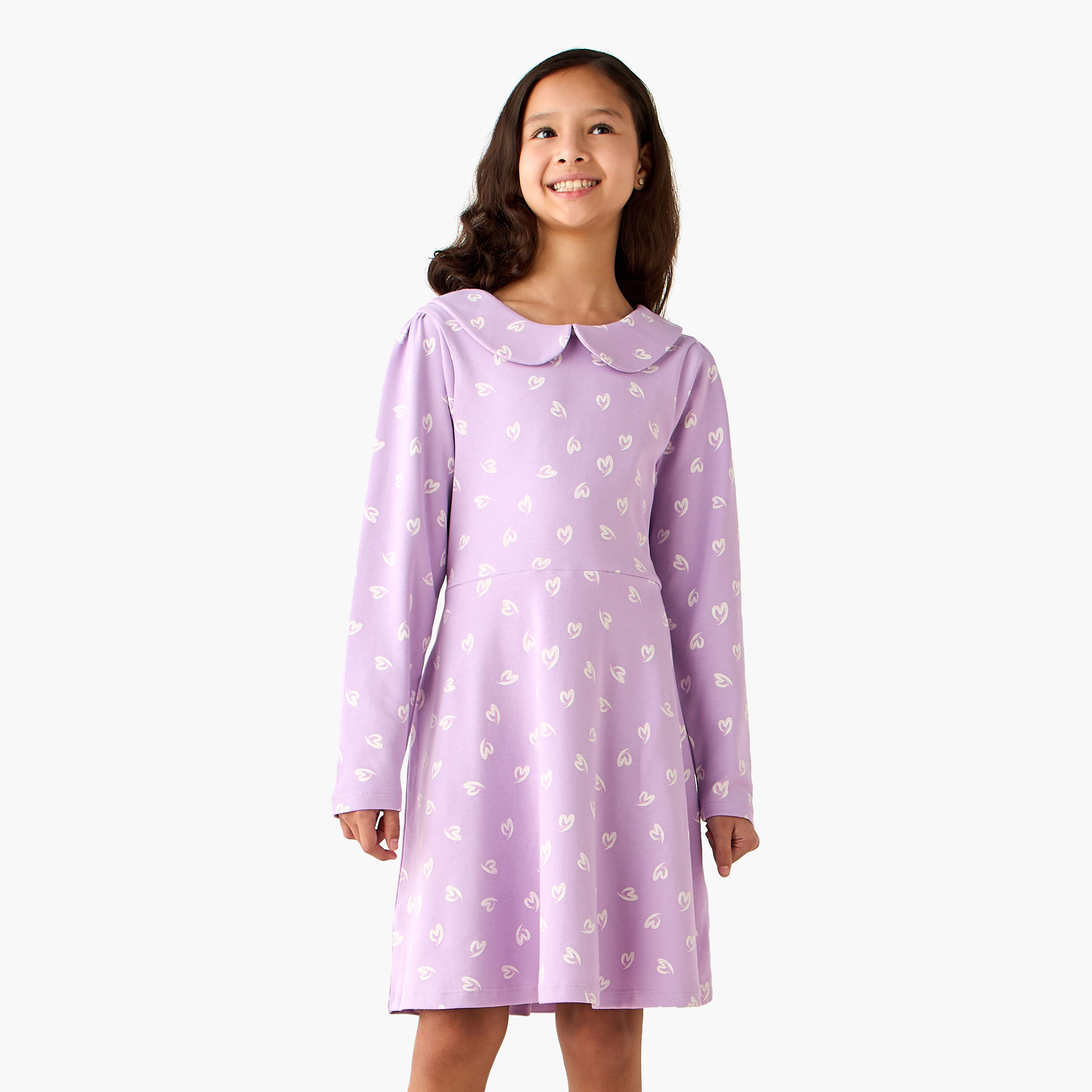 Juniors Peter Pan Collar Long Sleeves A-Line Dress with Heart Print-girls-clothing-dressesandjumpsuits-image-1