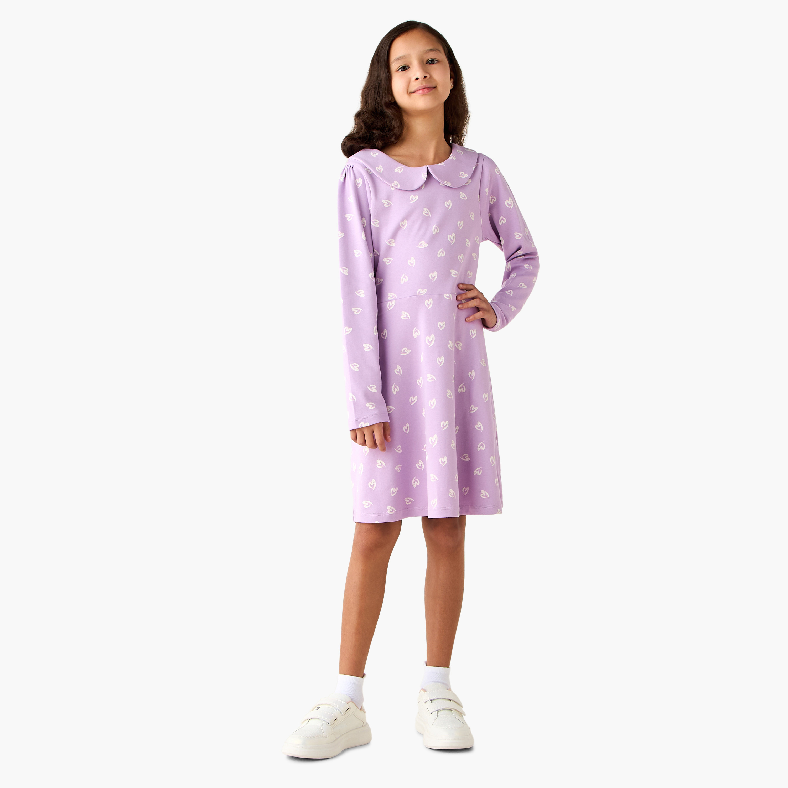 Juniors Peter Pan Collar Long Sleeves A-Line Dress with Heart Print-girls-clothing-dressesandjumpsuits-image-2