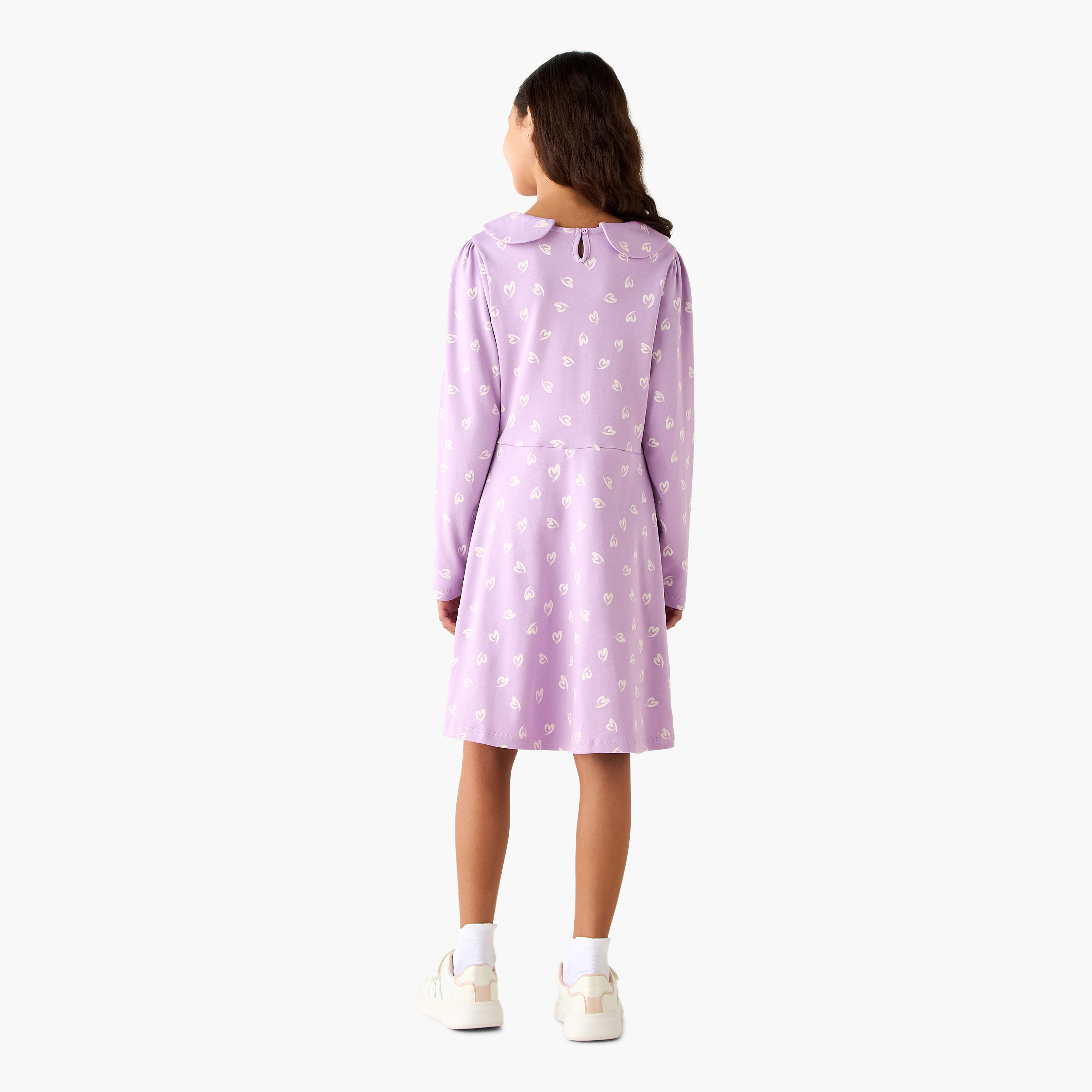 Juniors Peter Pan Collar Long Sleeves A-Line Dress with Heart Print-girls-clothing-dressesandjumpsuits-image-3
