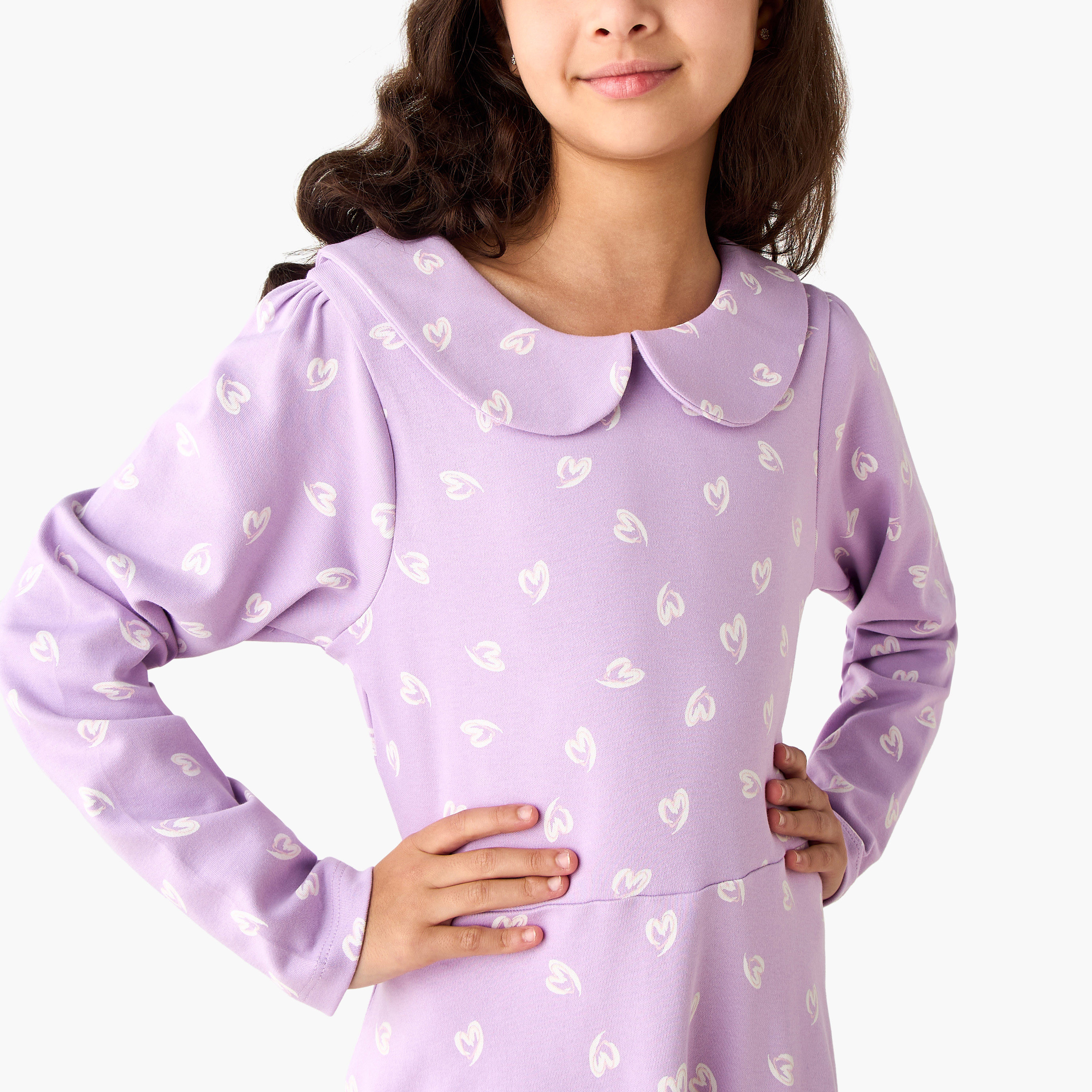 Juniors Peter Pan Collar Long Sleeves A-Line Dress with Heart Print-girls-clothing-dressesandjumpsuits-image-4