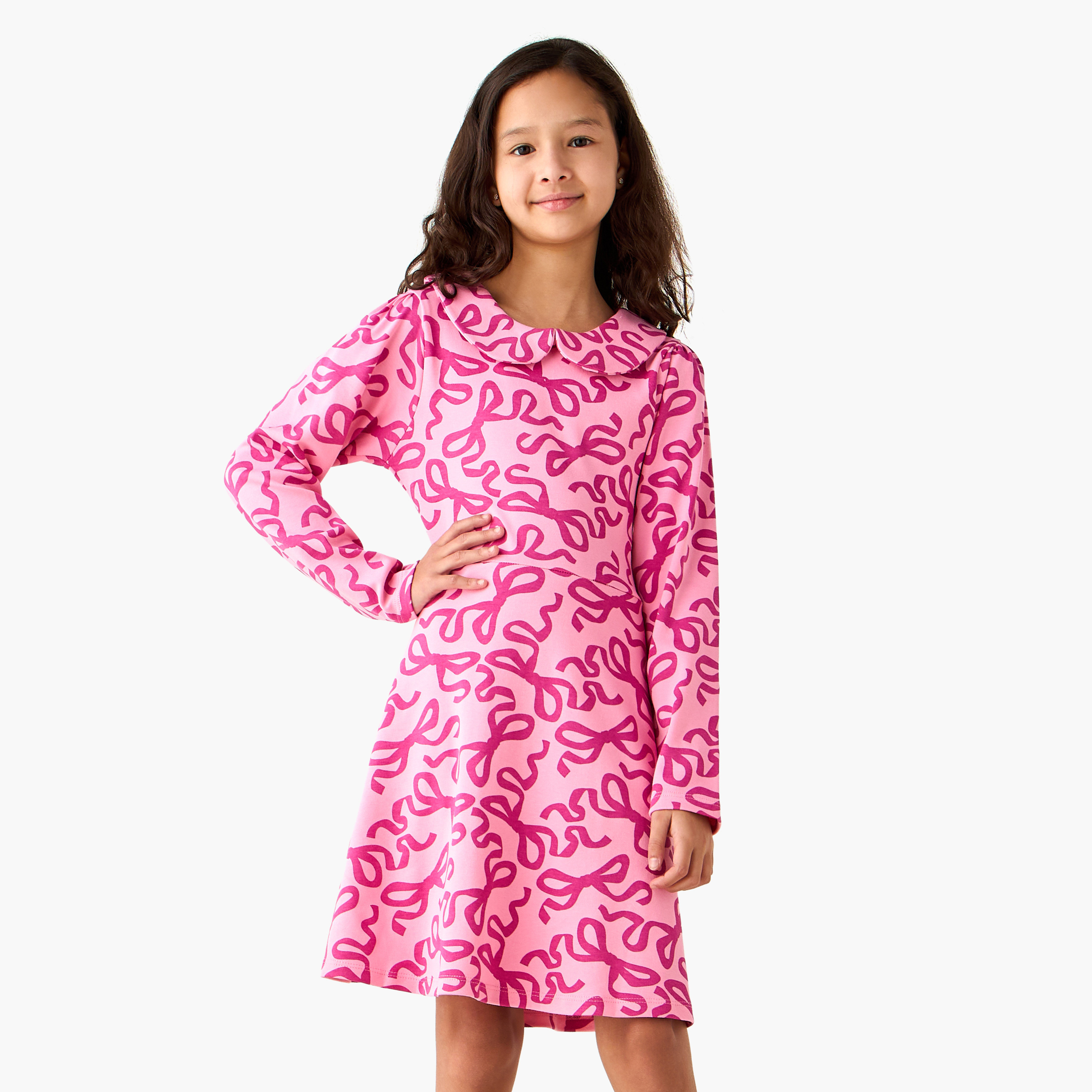 Juniors Peter Pan Collar Long Sleeves A-Line Dress with Bow Print-girls-clothing-dressesandjumpsuits-image-1