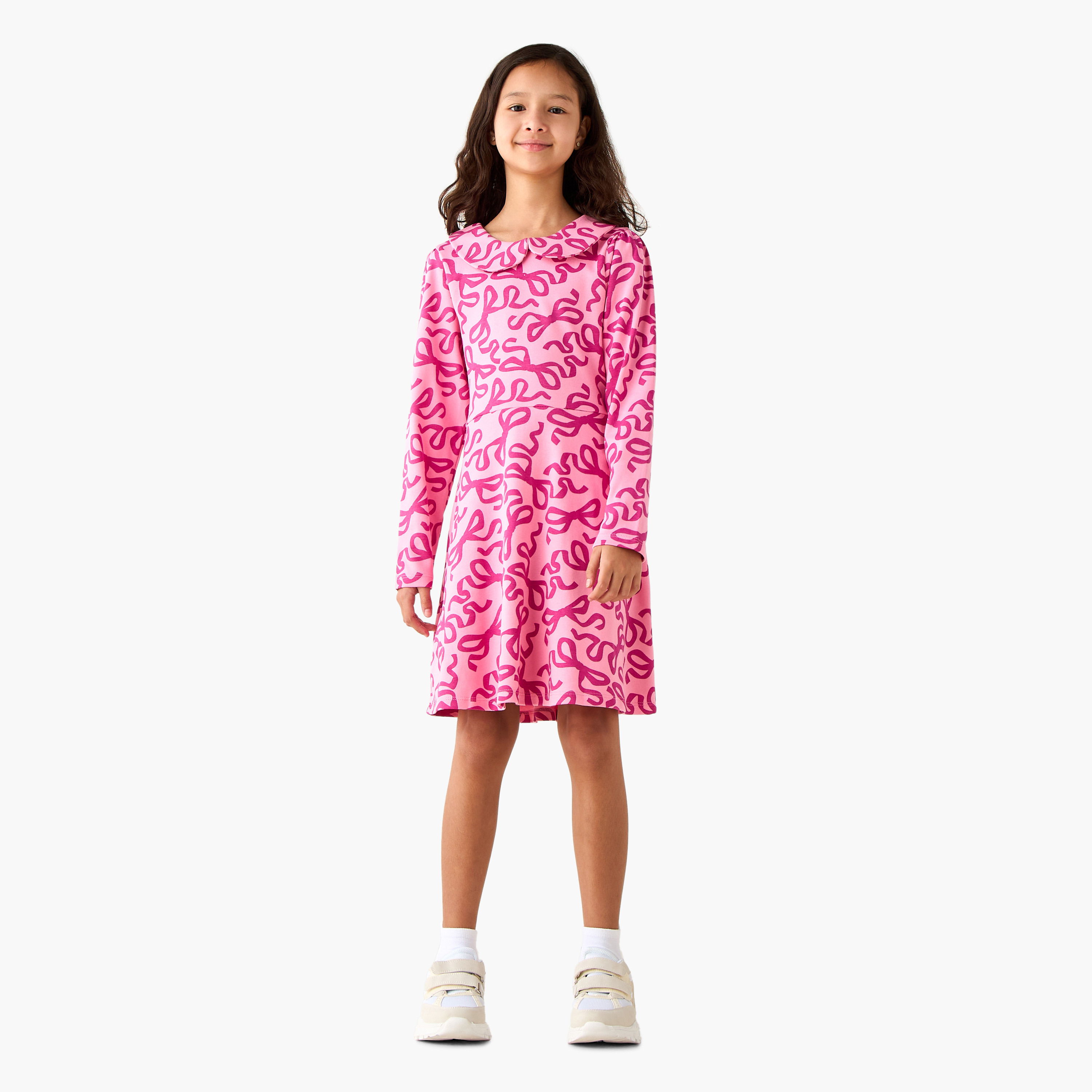 Juniors Peter Pan Collar Long Sleeves A-Line Dress with Bow Print-girls-clothing-dressesandjumpsuits-image-2