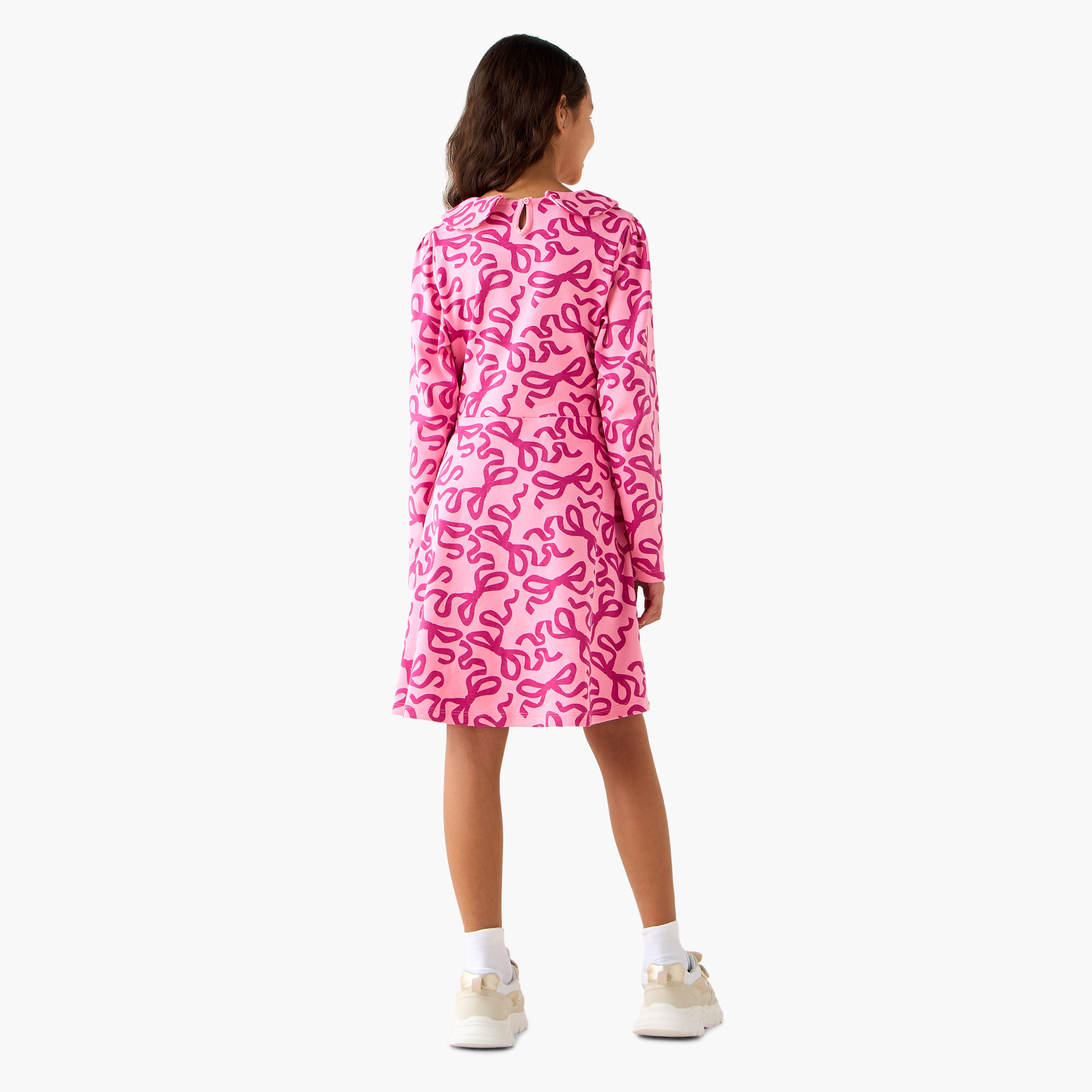 Juniors Peter Pan Collar Long Sleeves A-Line Dress with Bow Print-girls-clothing-dressesandjumpsuits-image-3