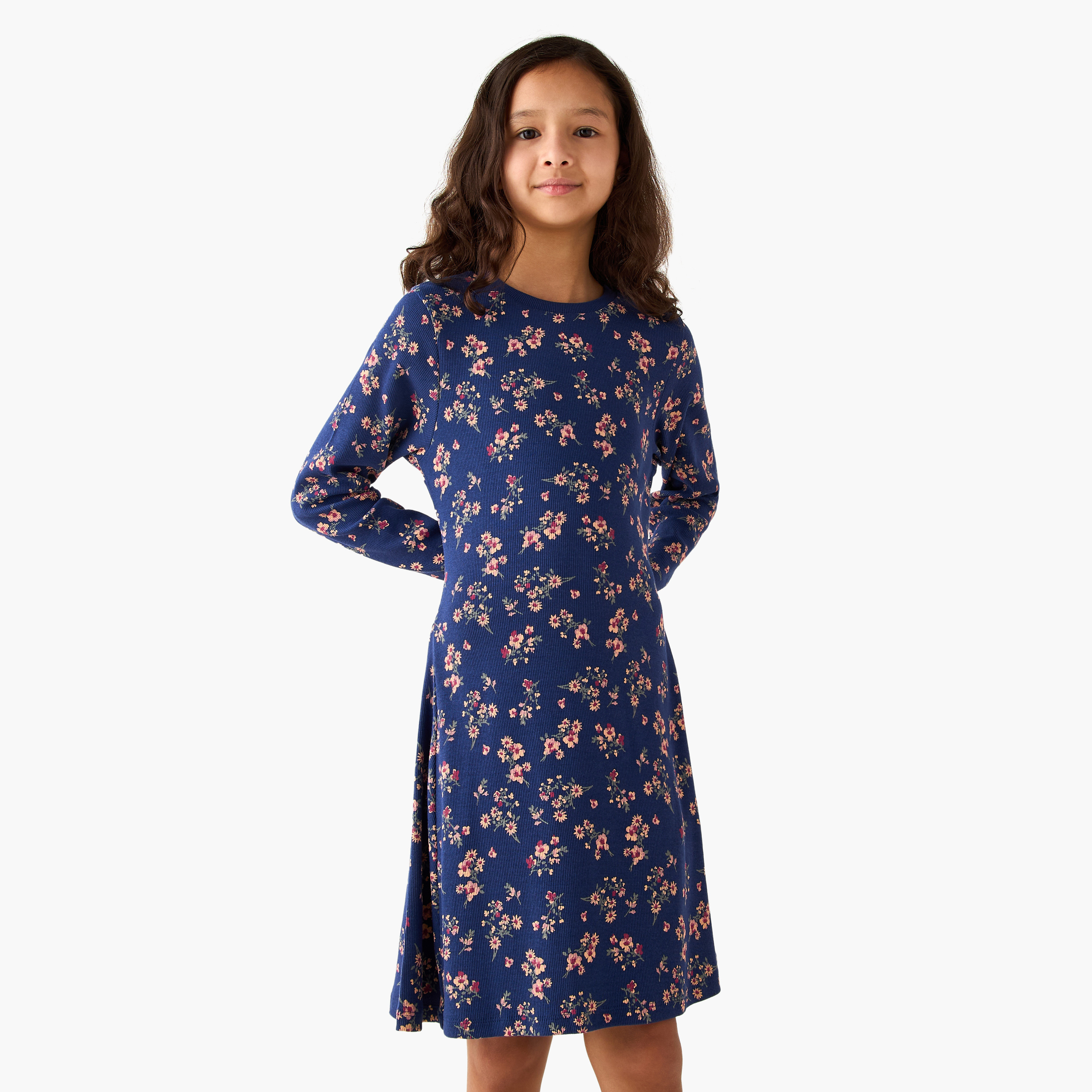 Juniors Round Neck Long Sleeves A-Line Dress with Floral Print-girls-clothing-dressesandjumpsuits-image-1