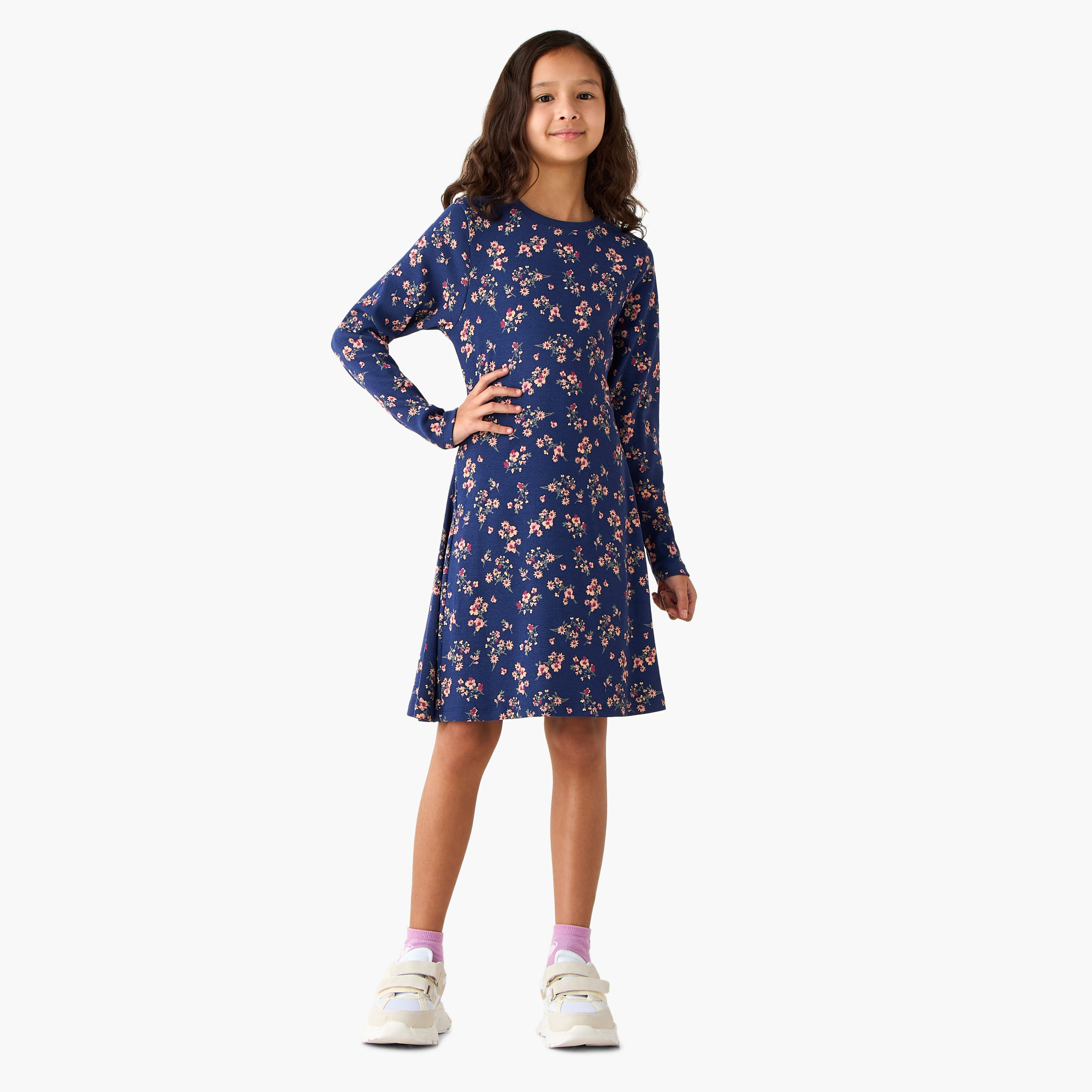 Juniors Round Neck Long Sleeves A-Line Dress with Floral Print-girls-clothing-dressesandjumpsuits-image-2
