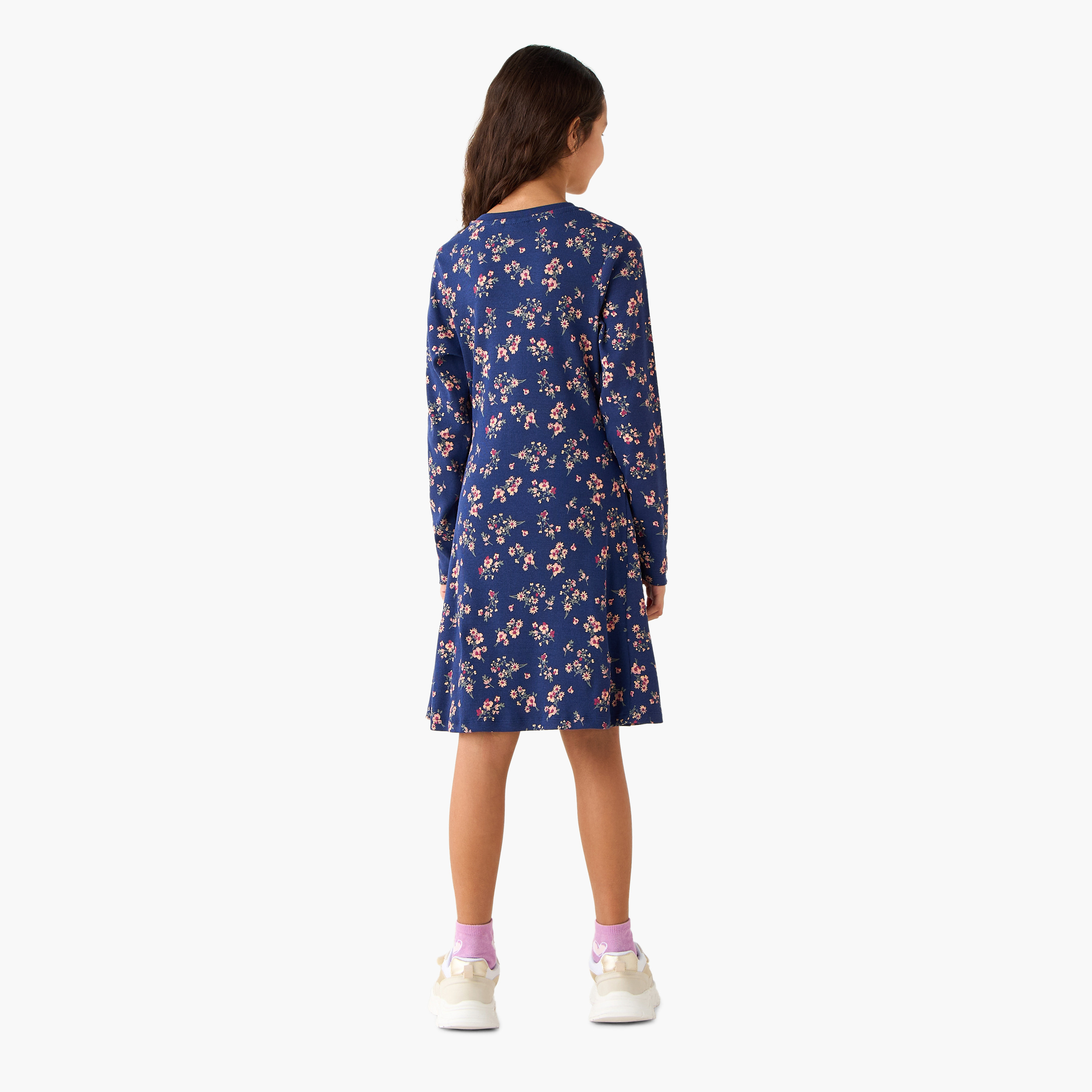 Juniors Round Neck Long Sleeves A-Line Dress with Floral Print-girls-clothing-dressesandjumpsuits-image-3