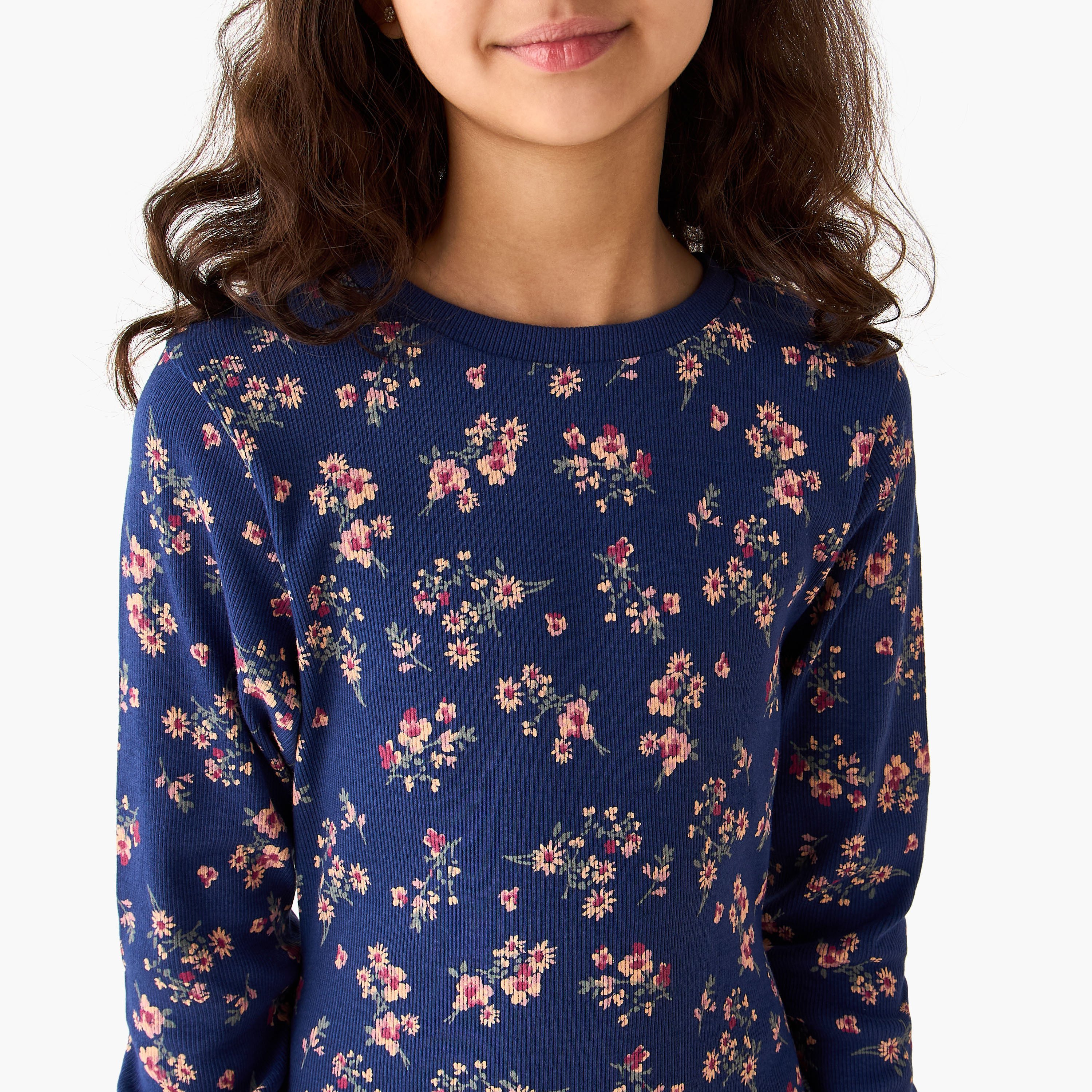 Juniors Round Neck Long Sleeves A-Line Dress with Floral Print-girls-clothing-dressesandjumpsuits-image-4