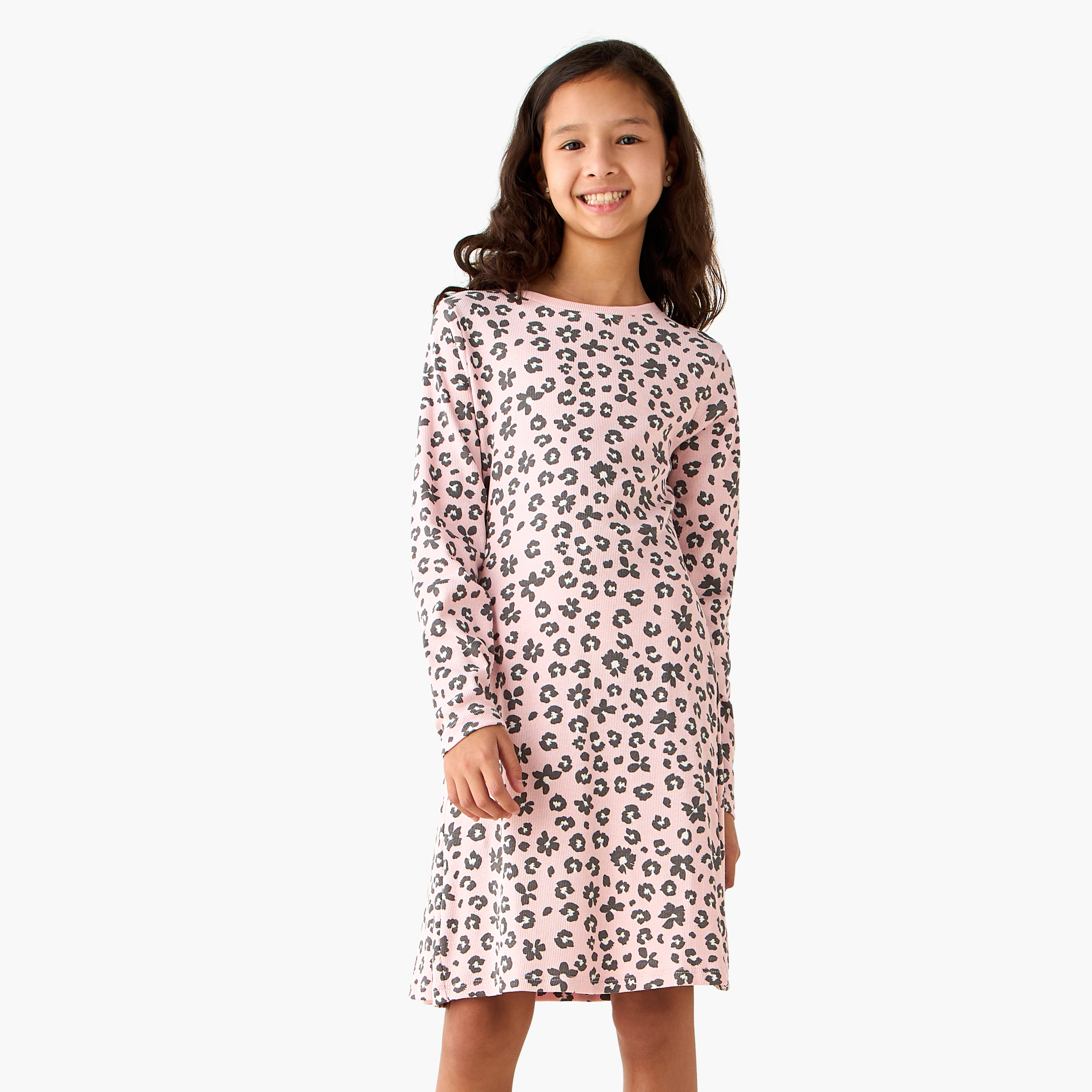 Juniors Round Neck Long Sleeves A-line Dress with Animal Print-girls-clothing-dressesandjumpsuits-image-1
