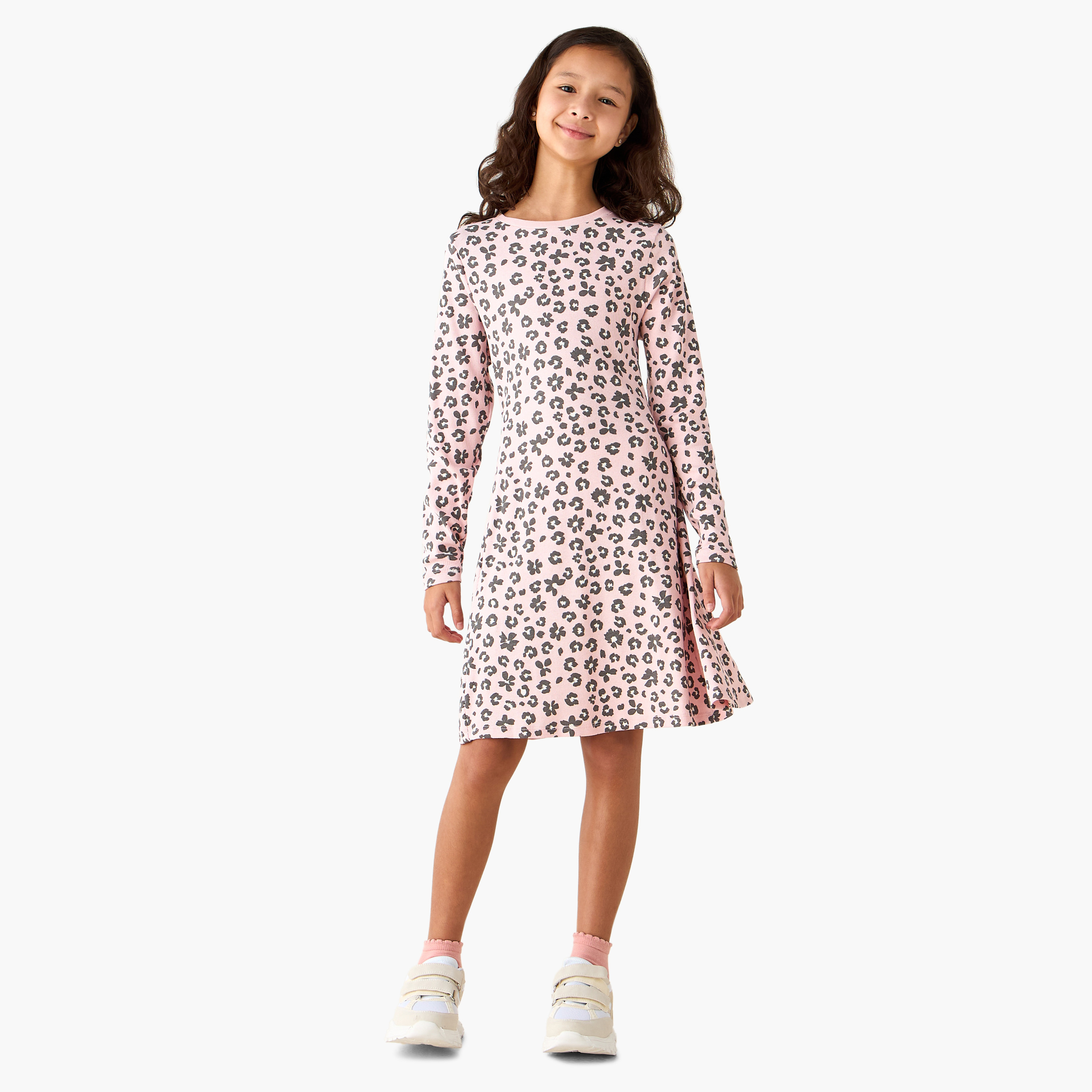 Juniors Round Neck Long Sleeves A-line Dress with Animal Print-girls-clothing-dressesandjumpsuits-image-2