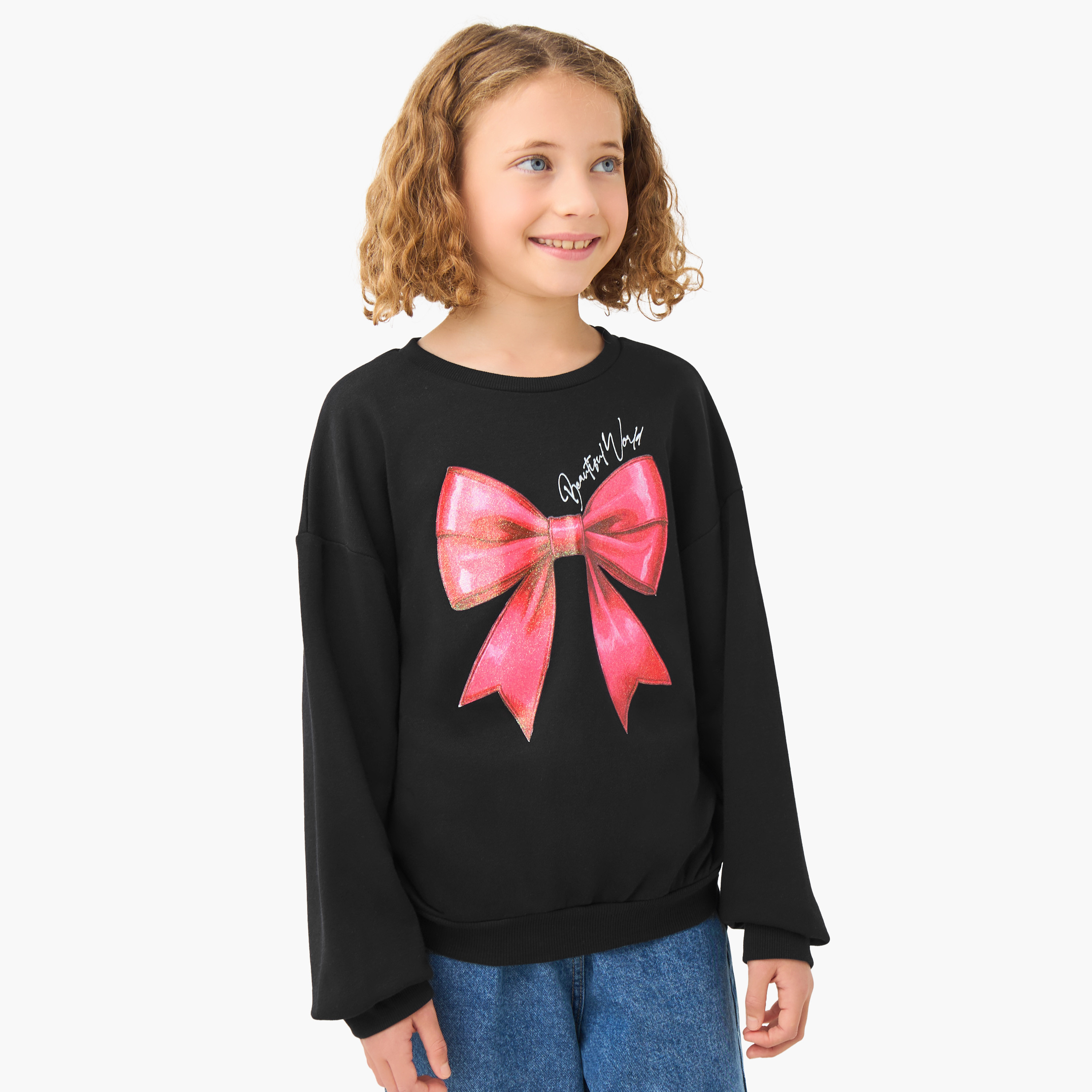 Juniors Girls Round Neck Sweatshirt with Graphic Print - Cotton - Long Sleeves-girls-clothing-sweatshirts-image-1