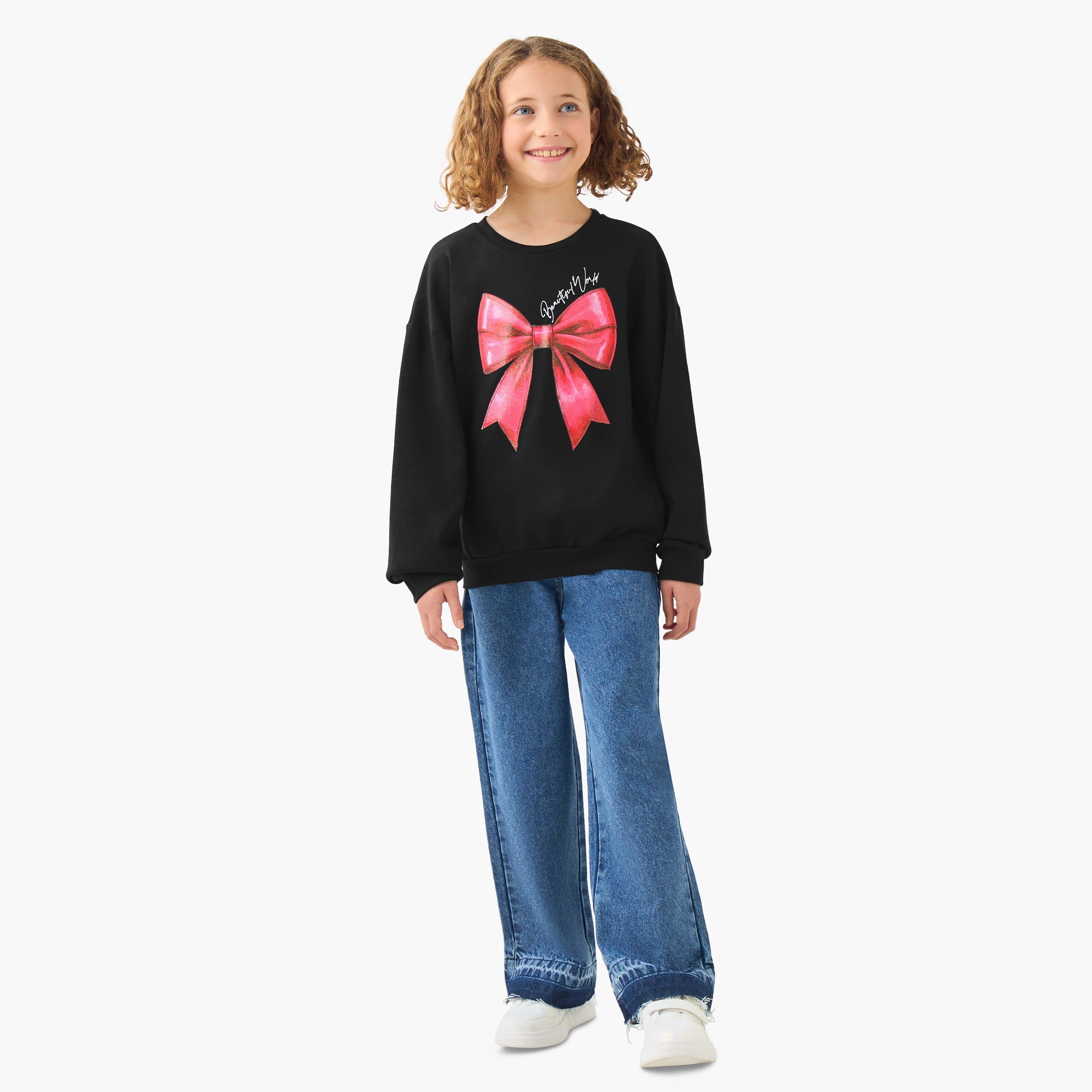 Juniors Girls Round Neck Sweatshirt with Graphic Print - Cotton - Long Sleeves-girls-clothing-sweatshirts-image-2