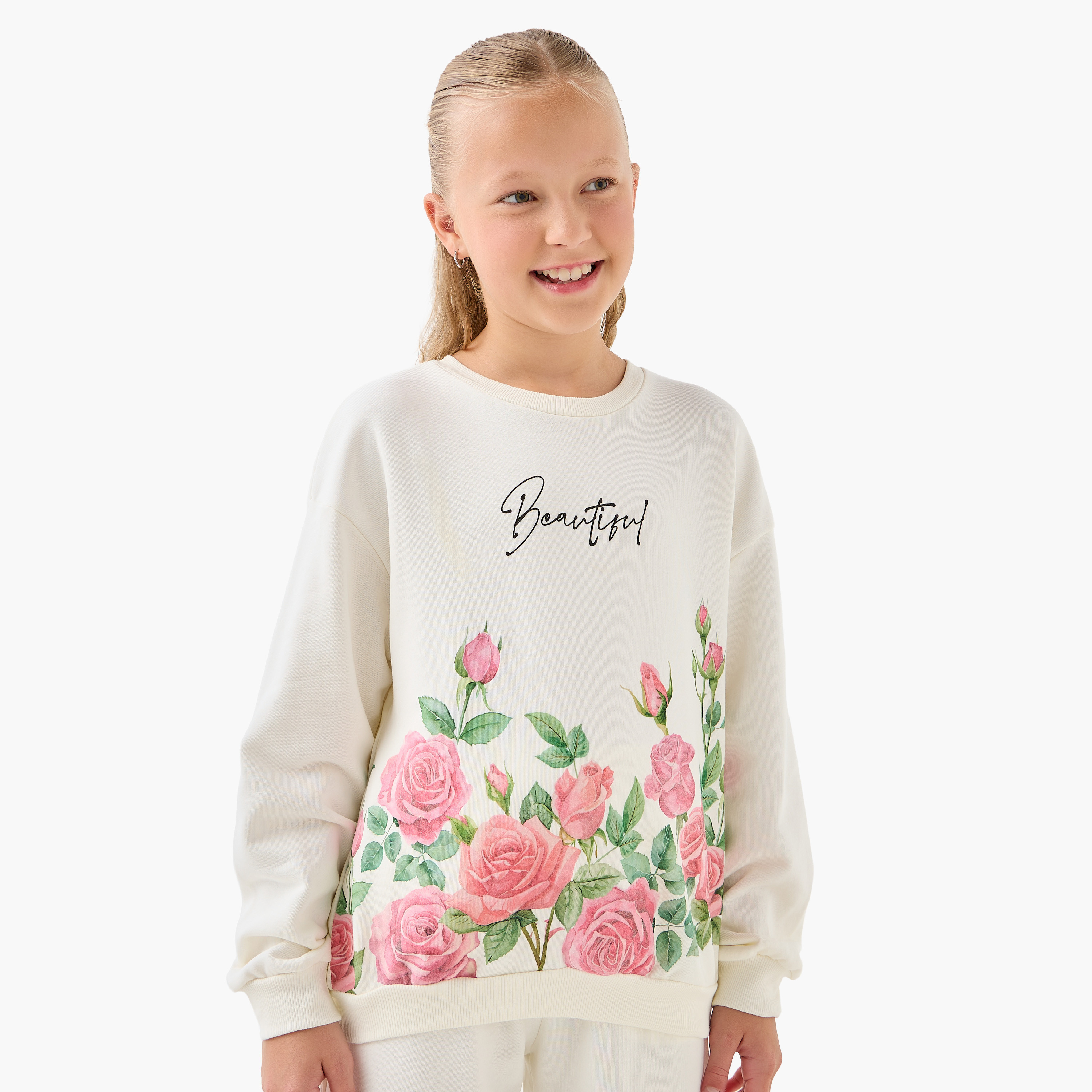 Juniors Girls Crew Neck Sweatshirt with Floral Prints - Cotton - Long Sleeves-girls-clothing-sweatshirts-image-1