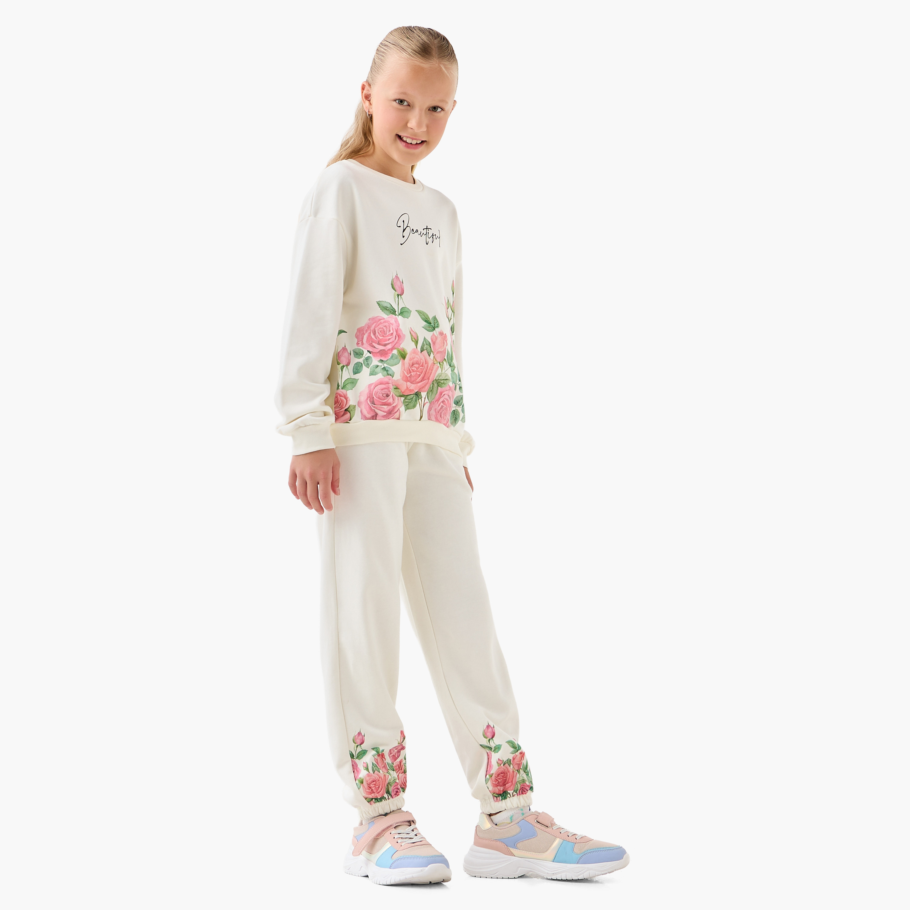 Juniors Girls Crew Neck Sweatshirt with Floral Prints - Cotton - Long Sleeves-girls-clothing-sweatshirts-image-2