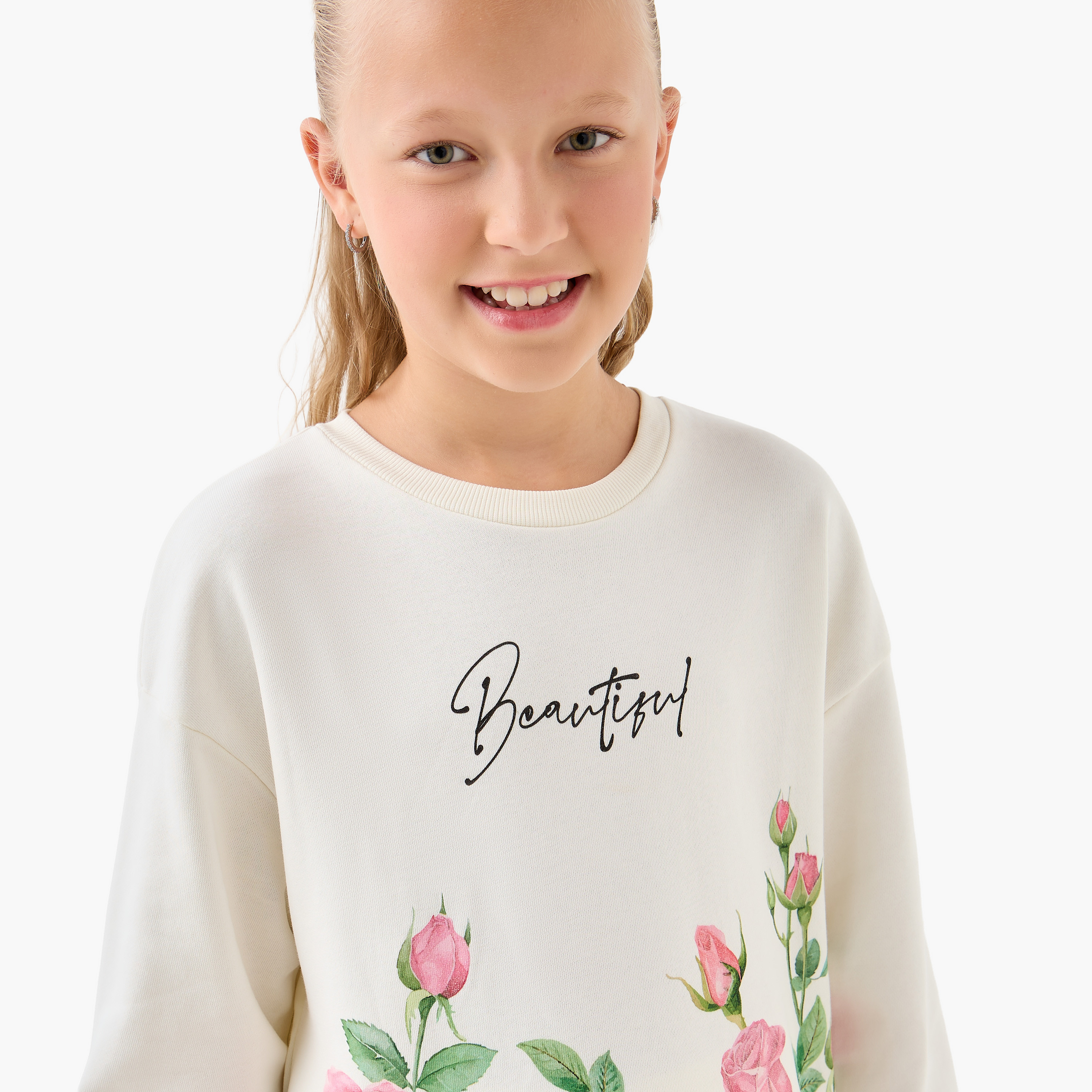 Juniors Girls Crew Neck Sweatshirt with Floral Prints - Cotton - Long Sleeves-girls-clothing-sweatshirts-image-4